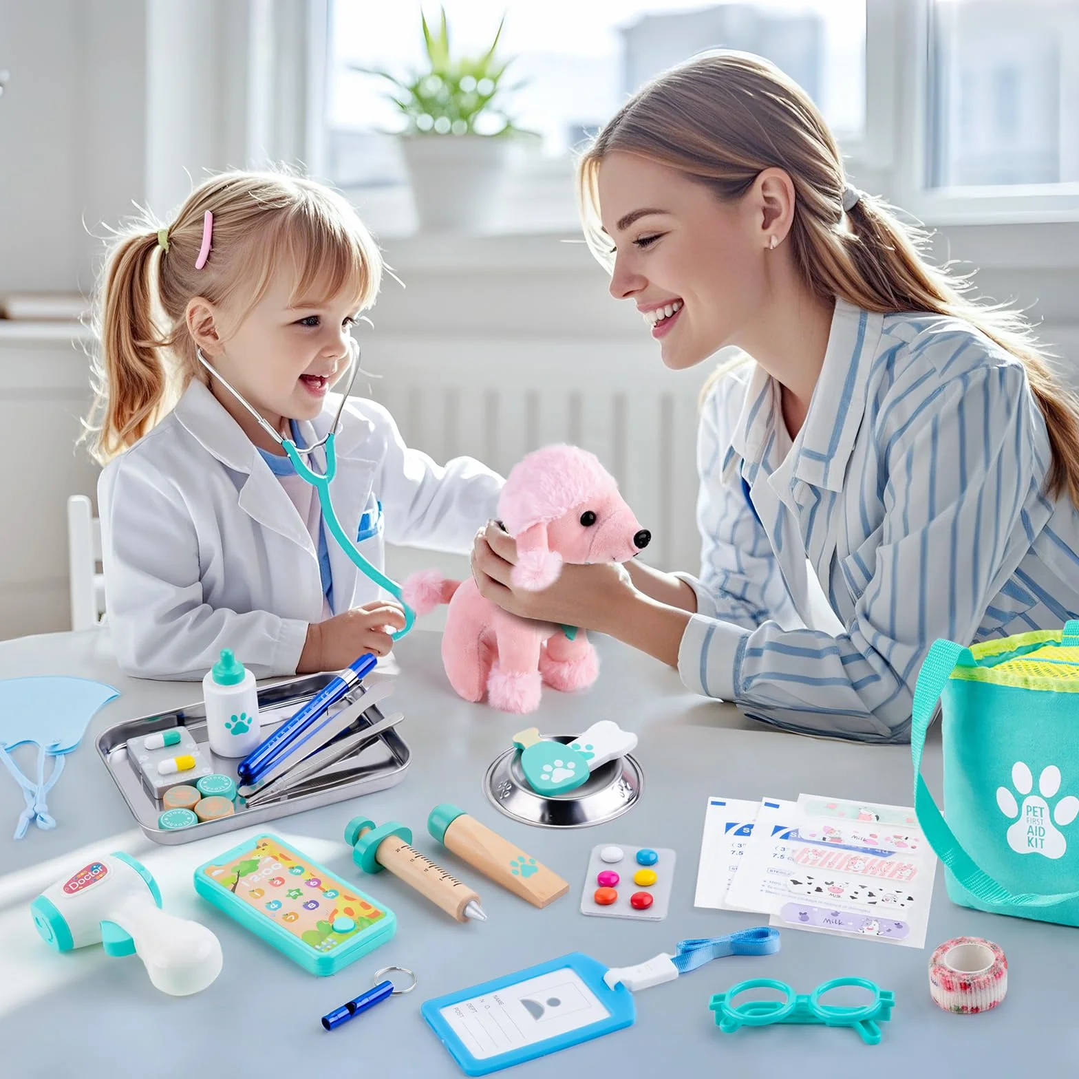 Sundaymot Malette Docteur Enfant, Veterinaire Enfant avec Peluche Chien, stéthoscope factice, thermomètre, Blouse de médecin et Sac de médecin Portable, Adapté Jouet Éducatif 3 Ans et Plus