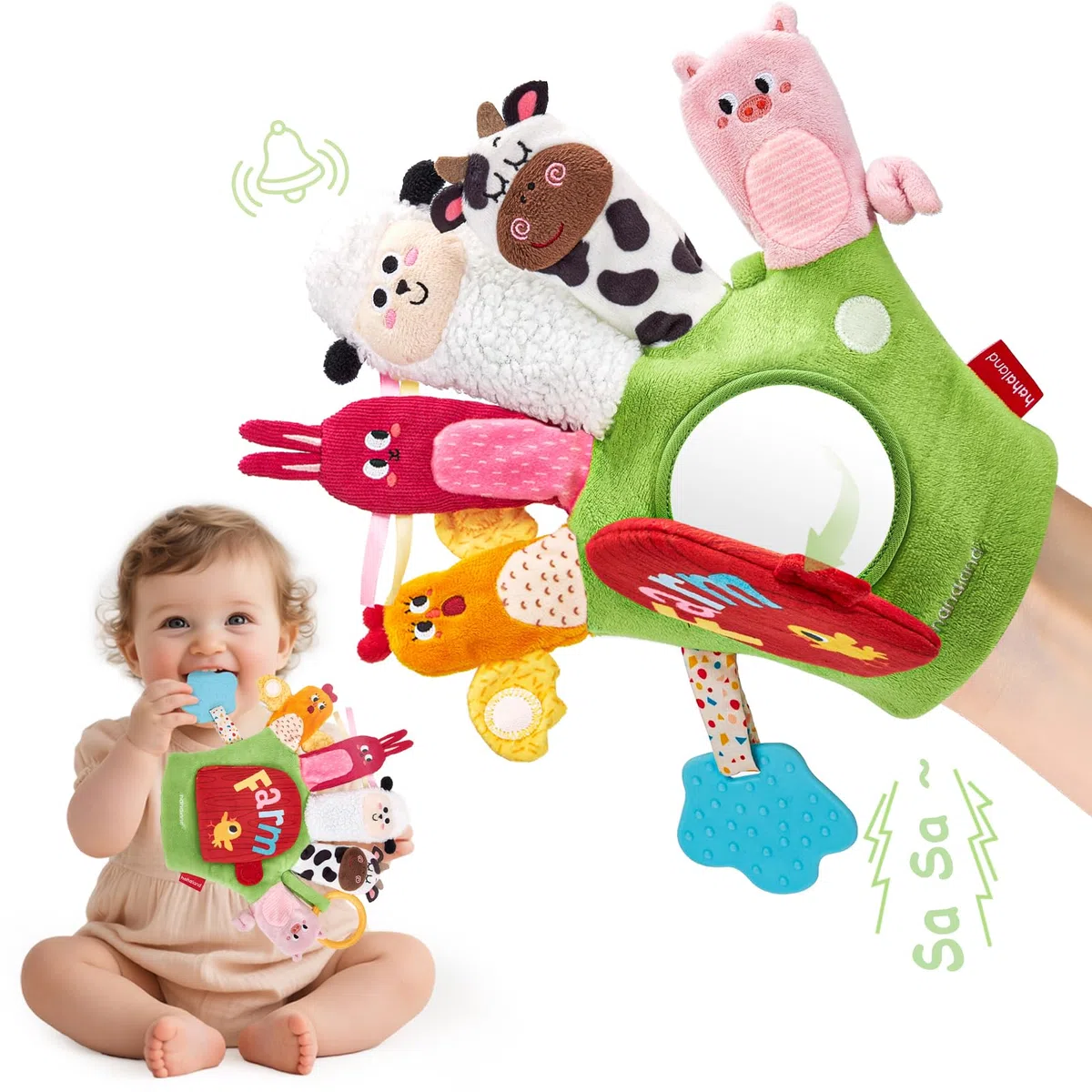 hahaland Jouet Bébé 6-12 Mois – Marionnettes Animaux de Ferme avec Anneau de Dentition & Papier Froissé, Jouet Sensoriel Montessori pour Bebe Fille Garçon 6 9 12 Mois