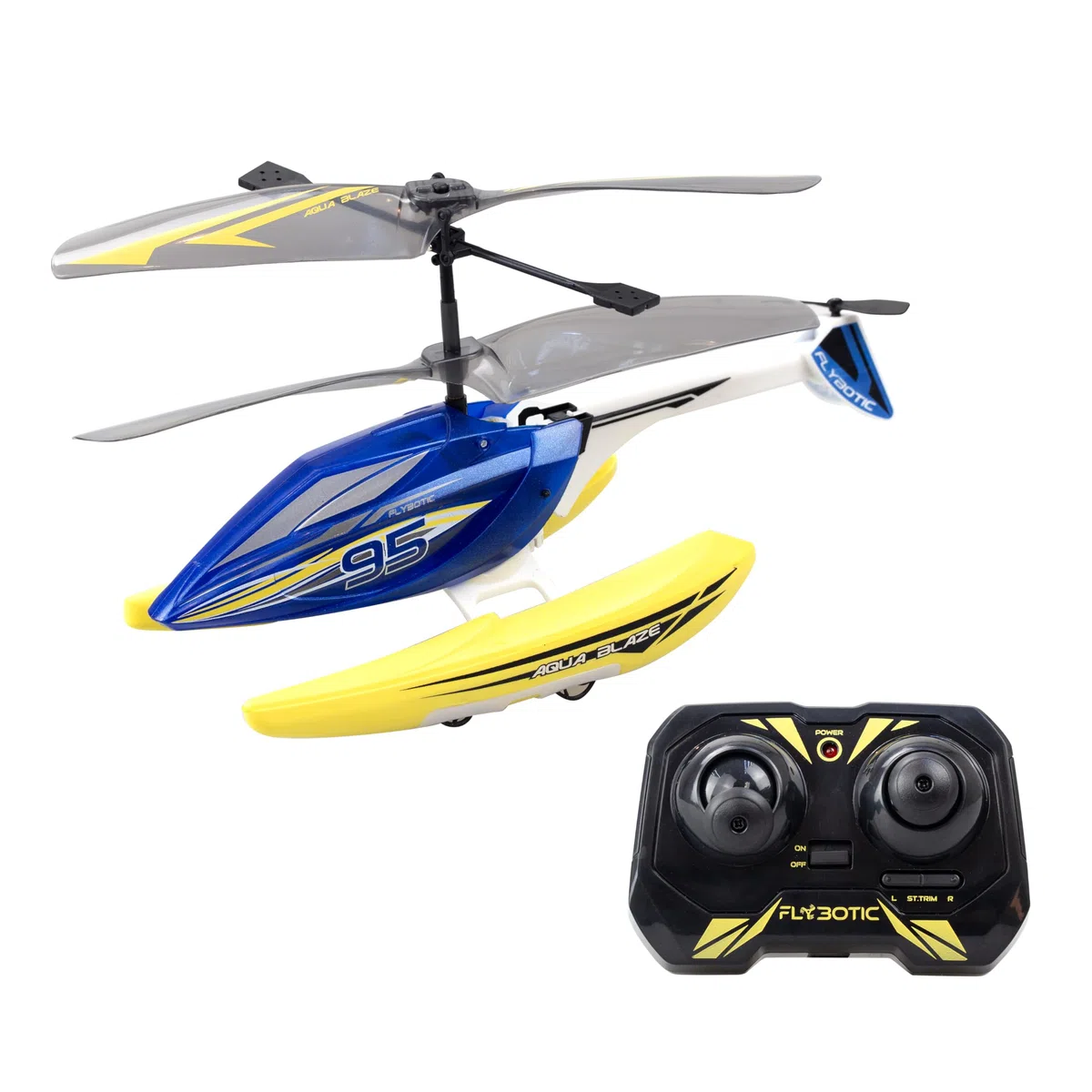 FLYBOTIC - Hélicoptère télécommandée Amphibie 3 en 1 Aqua Blaze - Pilotage Facile - Vole et Glisse sur l'Eau - Batterie Recharge Usb - Piles Télécommandes Non Inclues - Idée Cadeau Enfant Dès 8 Ans