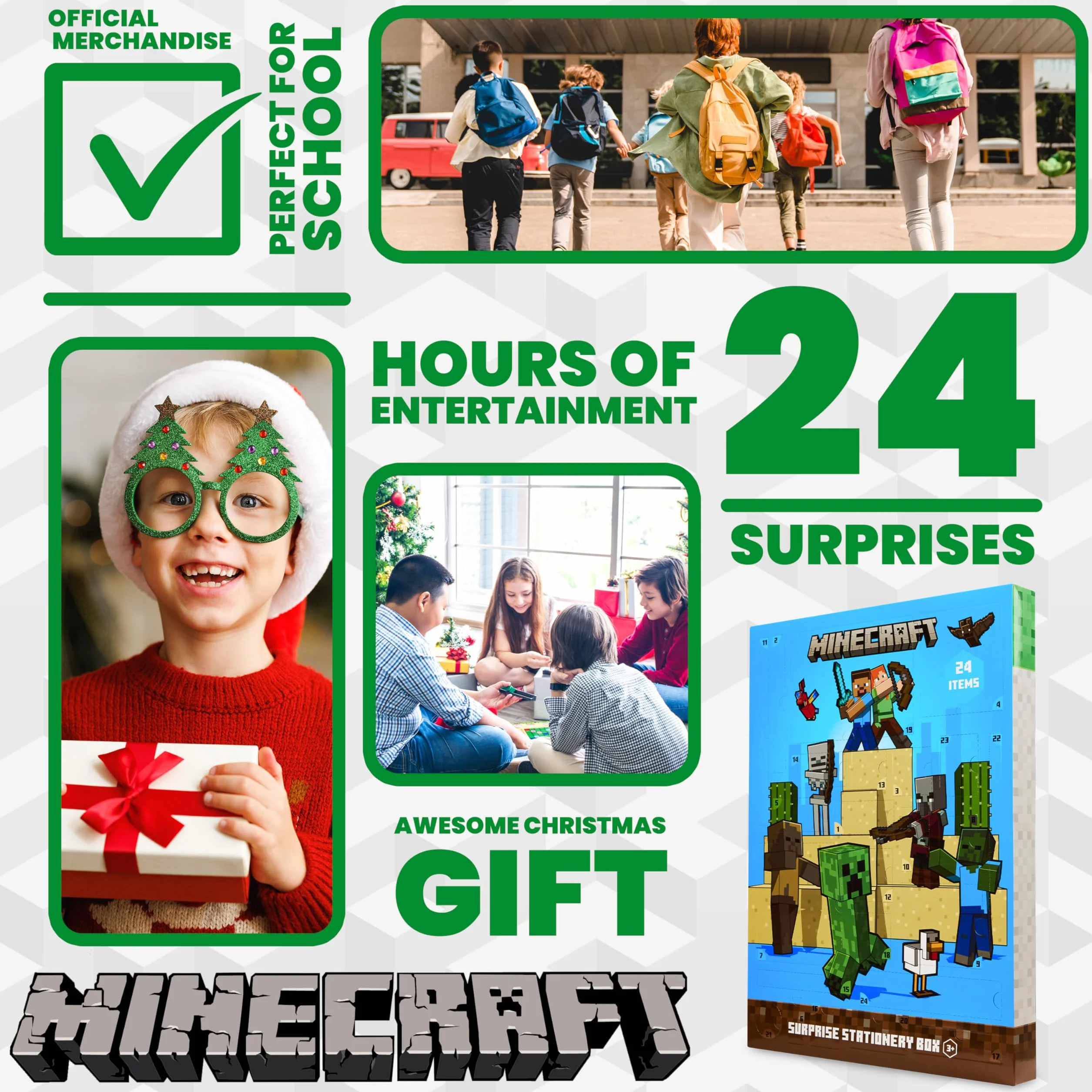 Minecraft Calendrier de l'Avent 2025 Enfant et Ado Creeper Compte à Rebours Noel 24 Surprises Papeterie Original et Accessoires Kawaii Cadeau Enfant (Bleu)
