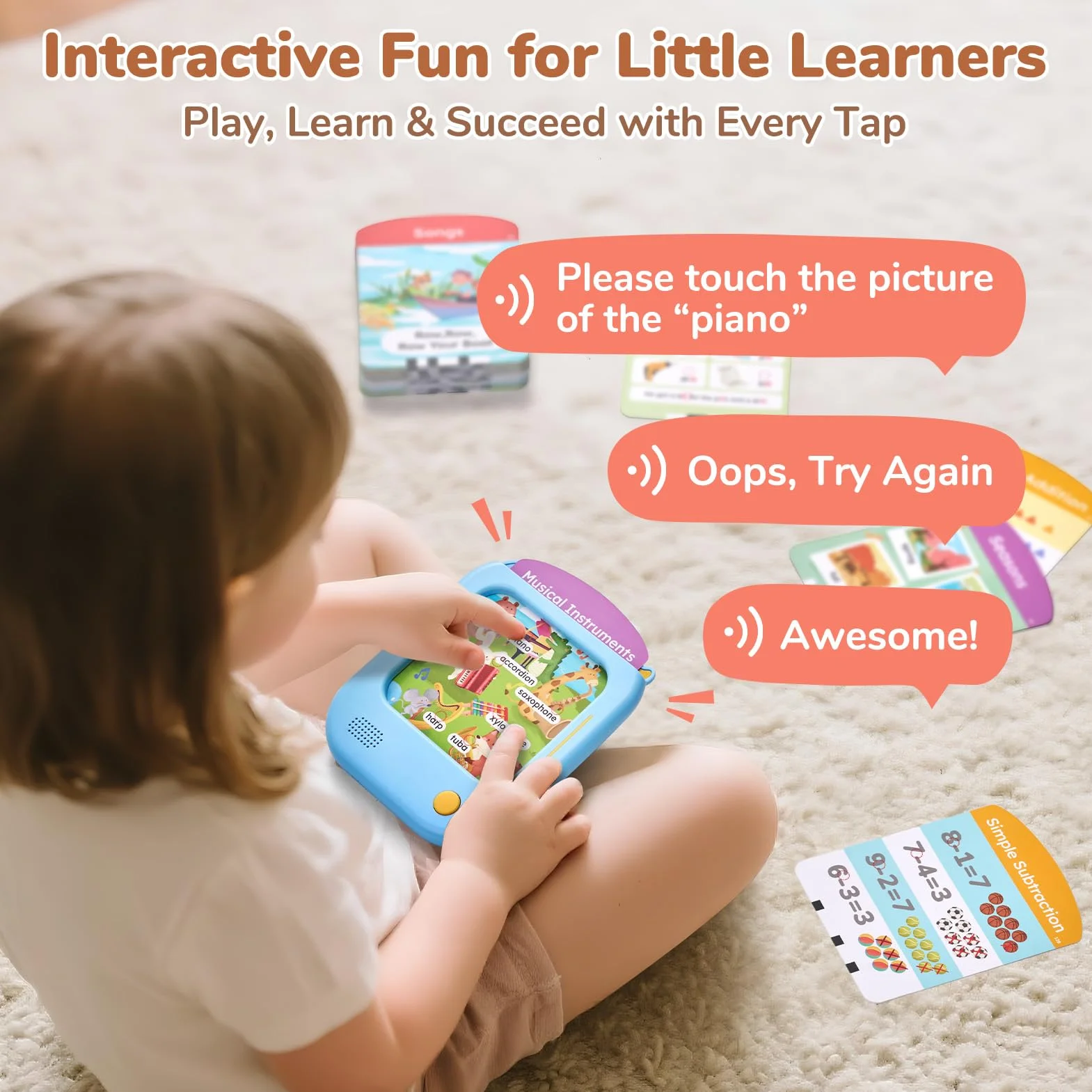 JoyCat Tablette Éducative Enfant, 156 Pages Cartes Sonores à Toucher avec Jeux Interactifs, Jouet Montessori pour Apprendre Anglais, Alphabet, Mots, Nombre, Couleurs & Formes, Cadeau Enfant 2-6 Ans