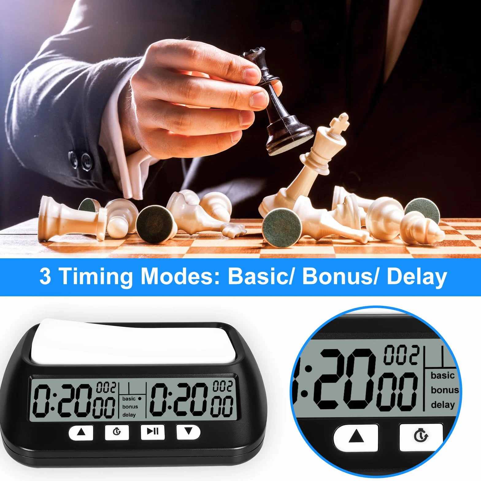 USHOP Horloge d'échecs Professionnelle​​,Minuteur d'échecs numérique Multifonction​​ – Compte à rebours/Bonus/délai,Commandes à 4 Boutons​​,​​Design compétition​​ pour Tournois et Jeux de société