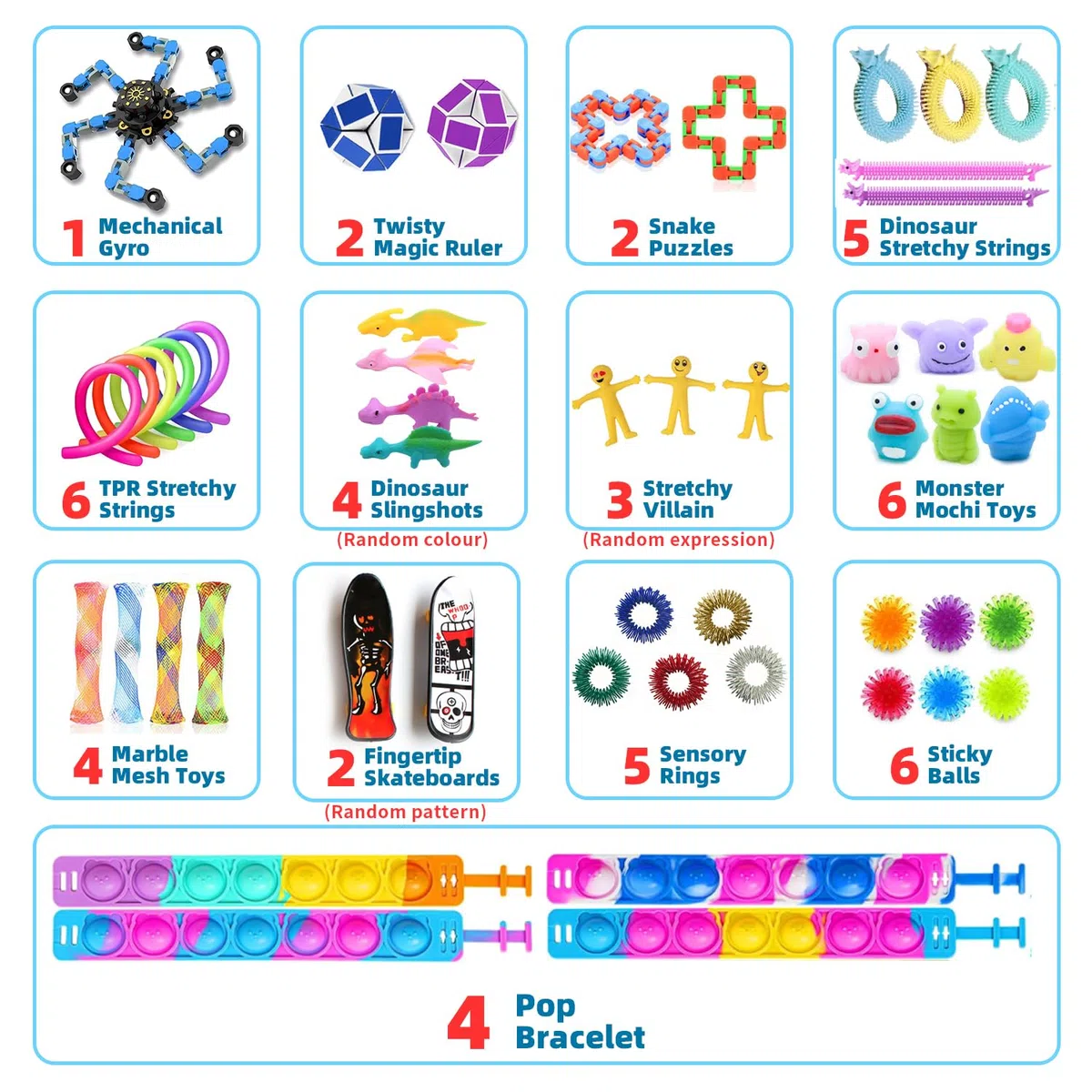 JUAUO 50 Pcs Fidget Toys Set, Stress-Angst Relief Toys pour Enfants et Adultes, Anxiété Relief Finger Toys, Anti Stress Autisme et TDAH, Jouets Sensoriels pour Enfants Fête d'anniversaire