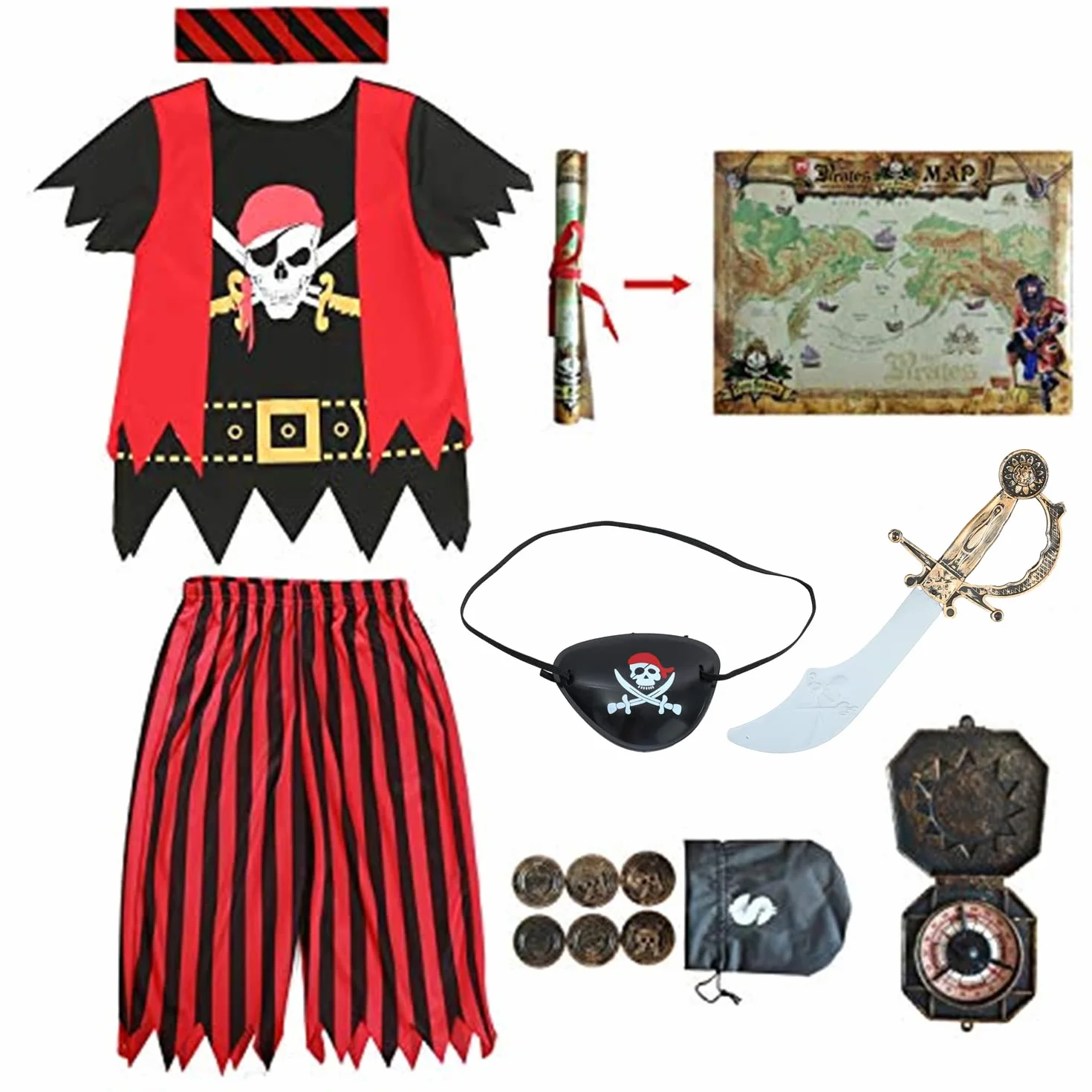 Ensemble de déguisement de pirate 8 pièces pour enfant Taille 3-4, 5-6, 7-8 et 8-10 ans