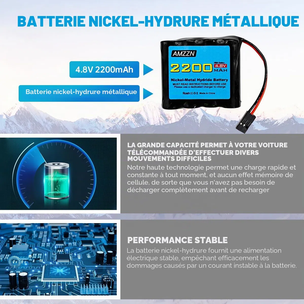 2PCS 4.8V 2200mAh AA Nimh Batterie avec connecteur Hitec pour RC Car, Récepteur RC, Avion RC, Batterie Rechargeable Haute capacité pour télécommande