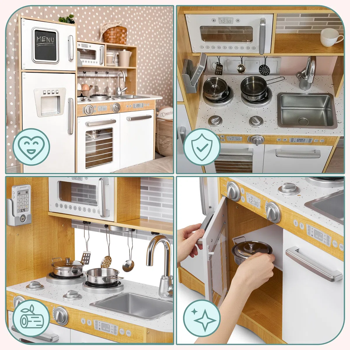 Mamabrum Cuisine Enfant en Bois Grande Taille avec Éclairage LED, Frigo, Four, Micro-Ondes, Tablette, Ustensiles et Tableau Noir - Jouet Éducatif Compatible avec Enfants 3 Ans et Plus