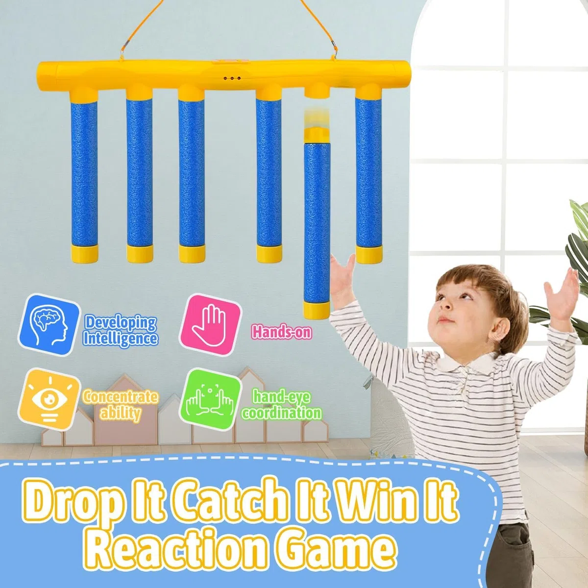 Jeu d'Attrape Bâtons pour garçon de 2 Ans, Jeu de Réaction Ajustable à 3 Vitesses de Coordination Main-Oeil Activité Educative Jouet Sensoriel pour Enfants et Adults
