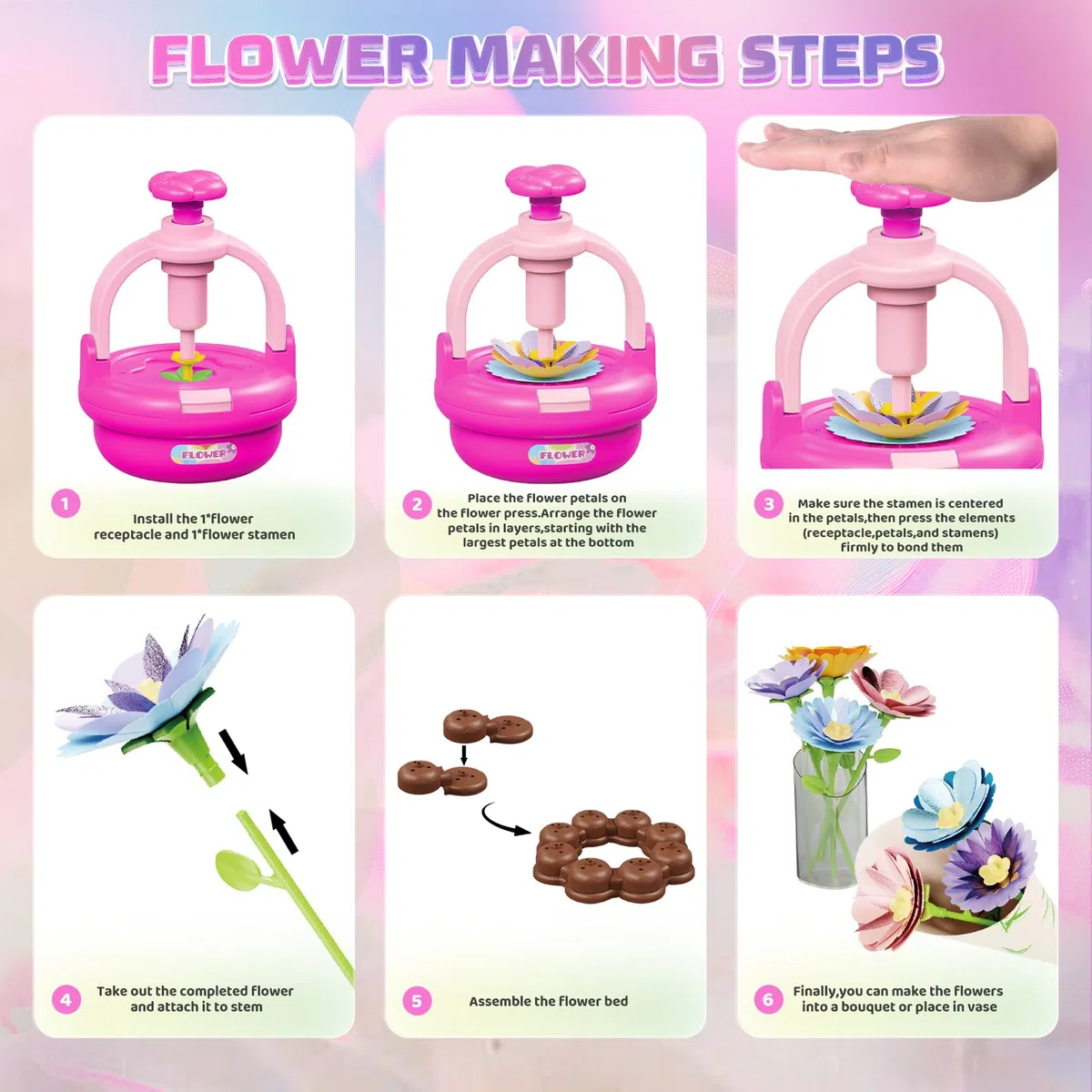 Plunack Activité Manuelle Fille 3 4 5 6 7 8 9 Ans, Kit Création Bouquet de Fleurs DIY, Jouet Fleurs Enfant, Bricolage Créatif et Cadeau Anniversaire Filles