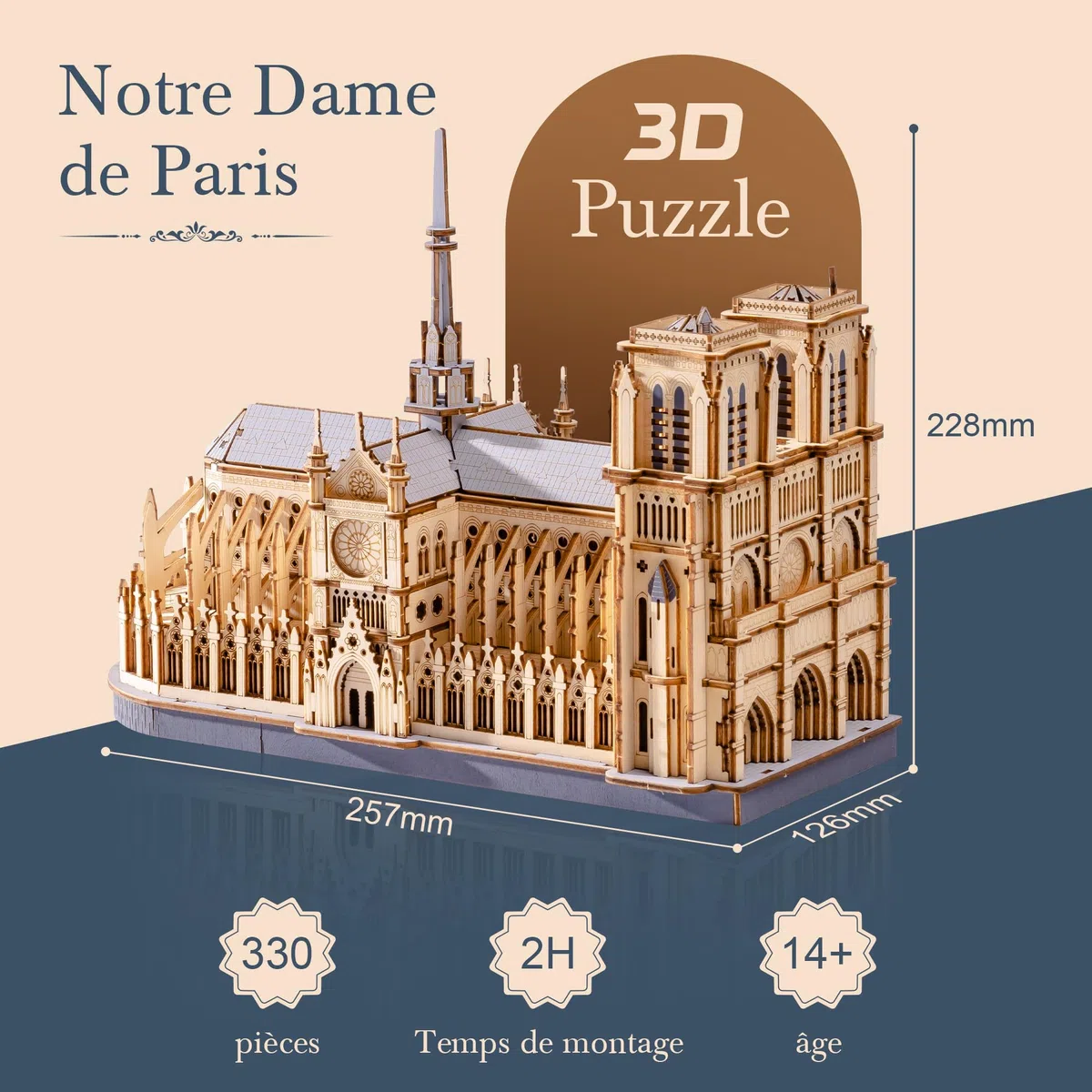 ROWOOD Notre Dame de Paris Puzzle 3D en Bois Modèle d’Architecture, 330 Pièces Kit DIY Découpe Laser pour Adultes et Adolescents, Décoration Élégante et Cadeau Créatif pour Passionnés d’Architecture