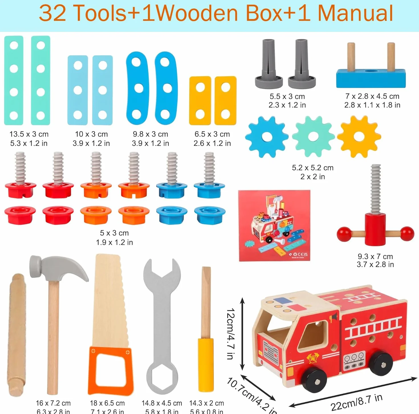 Jeu d'Outils en Bois pour Enfants, Camion de Pompier 4 en 1 Transformable en Établi avec Boîte à Outils, Jouets Montessori d'Imitation et de Bricolage, Cadeau Éducatif pour Garçons et Filles de 3+ Ans