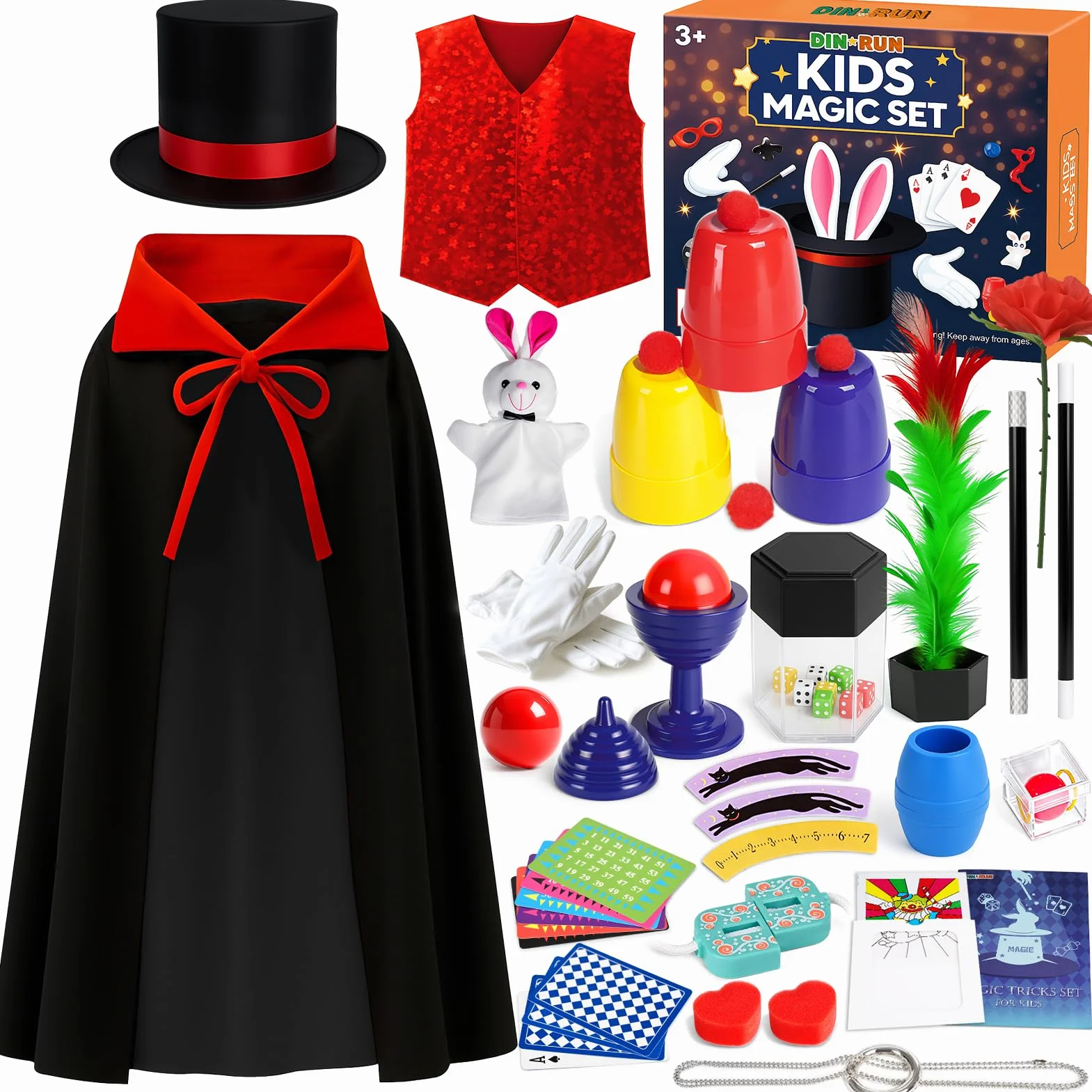 DINORUN Magie Jeux-Coffret Magie Enfant avec Chapeau Magique & Instructions & Déguisement de Magicien pour Enfants – Jeu de Rôle, Cadeaux Enfant 6 7 8 9 10 11 12 Ans