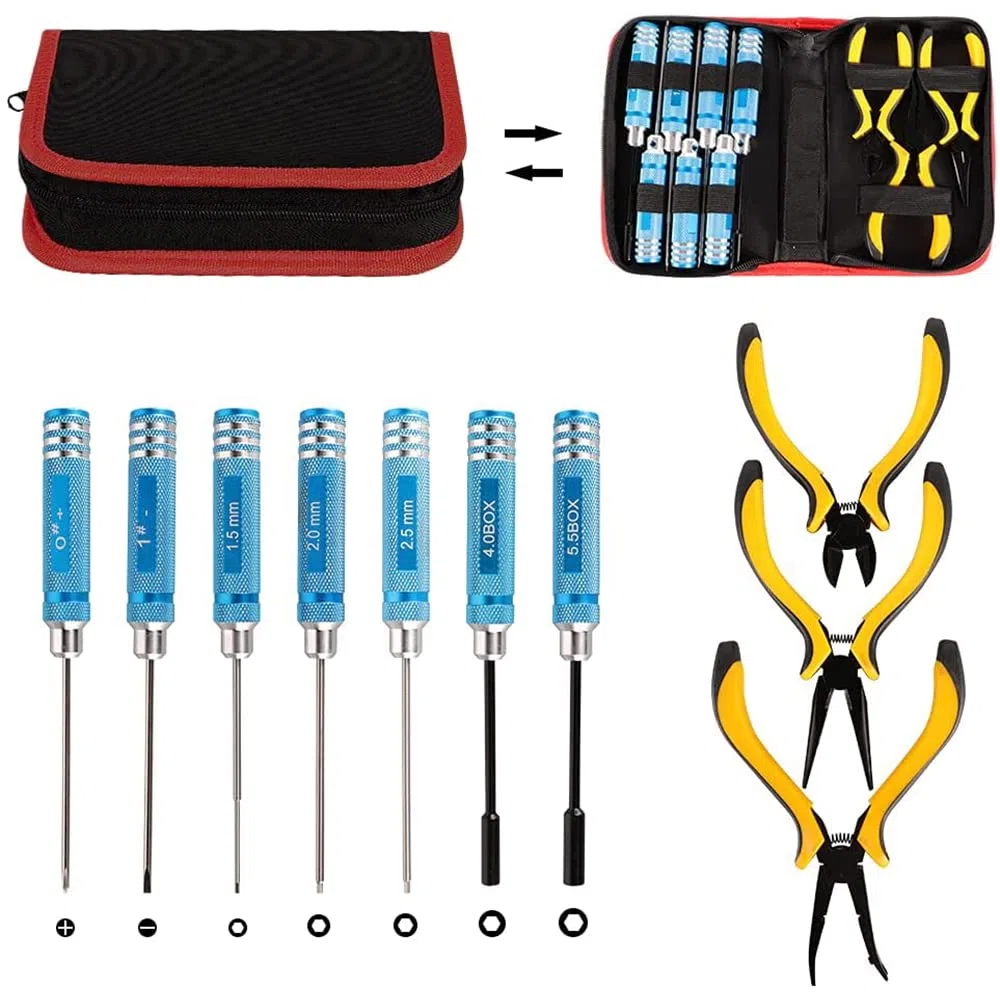 Kit d'outils 10 en 1 pour télécommandé, tournevis, pince, manchon hexagonal, kit de réparation pour voiture, bateau, quadricoptère, hélicoptère, modèles multirotors