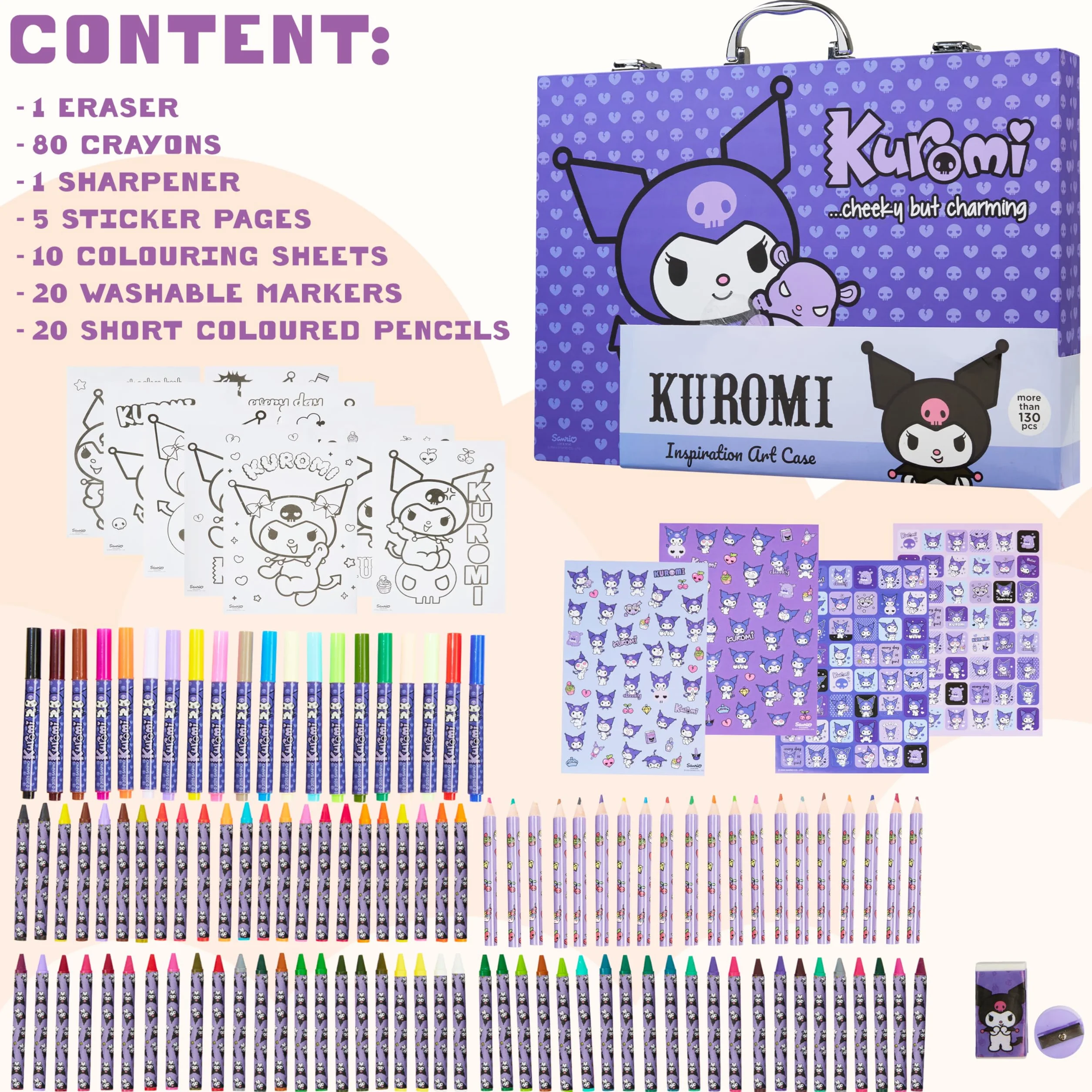Hello Kitty Sanrio Kuromi Kit de Dessin Enfant, Kit Coloriage Crayons Feutres et Accessoires, Fournitures Kawaii d'Artist Mallette, Cadeau Fille (Violet Kuromi)