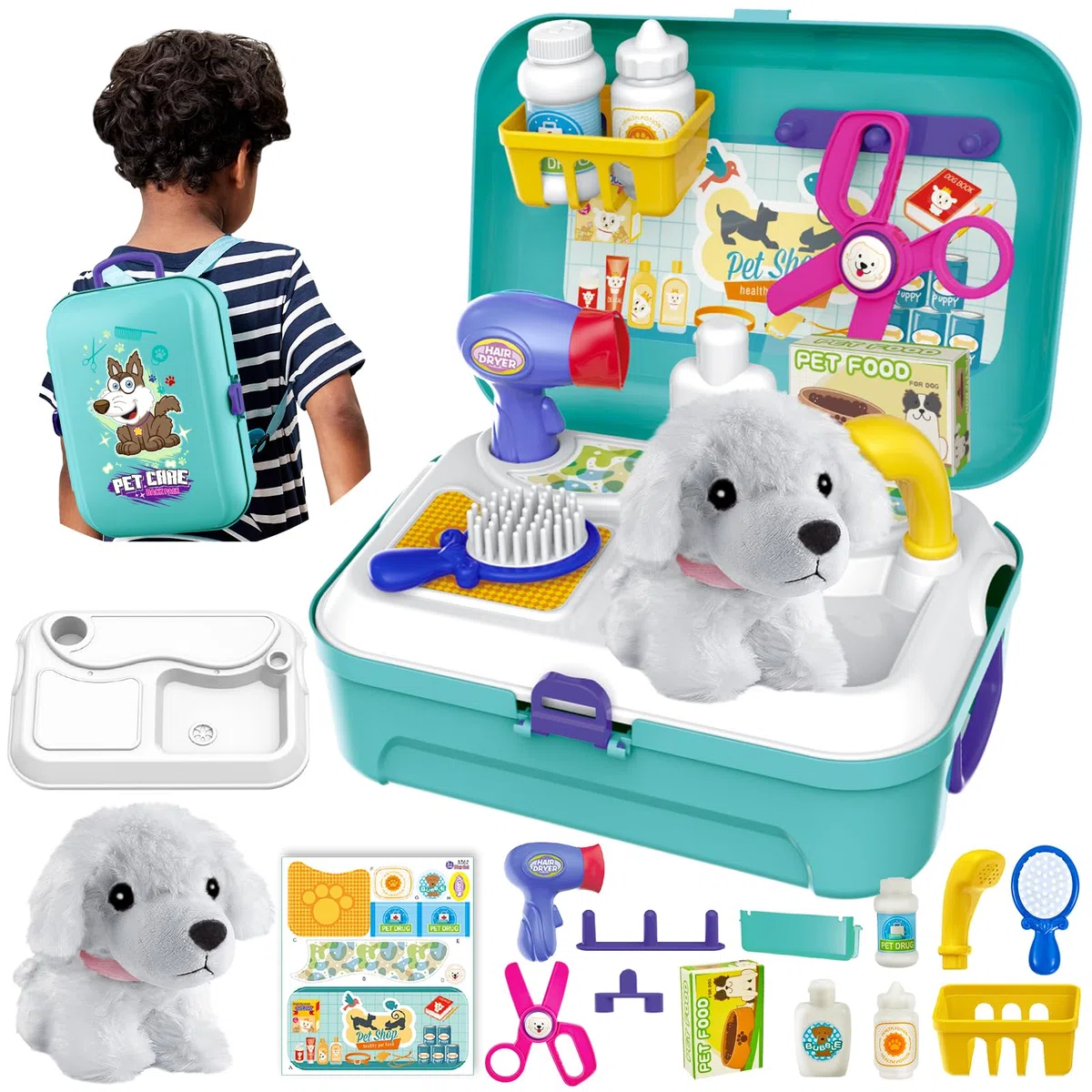 HERSITY Jouet Vétérinaire Sac À Dos avec Peluche Chien Jeux D'imitations Cadeau pour Enfants Garçons Filles 3 4 5 6 Ans