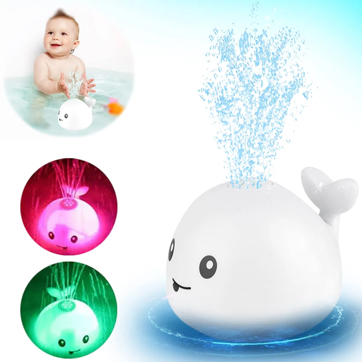 Jouet de bain pour bébé, baleine à jet avec LED - pour enfants et tout-petits (blanc)