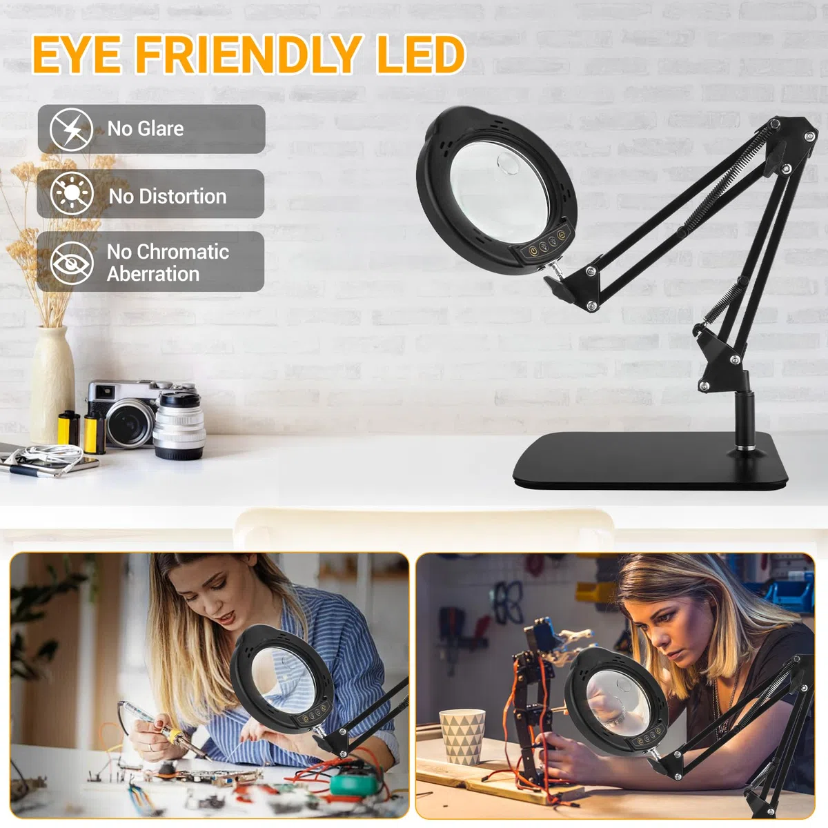 Lampe Loupe 10-15X avec Pince,Loupe Multifonctionnelle,Lampe De Table Led à Intensité Variable avec 5 Modes De Couleur,9 Niveaux De Luminosité pour Les RéParations,L'artisanat,Le Travail de Près