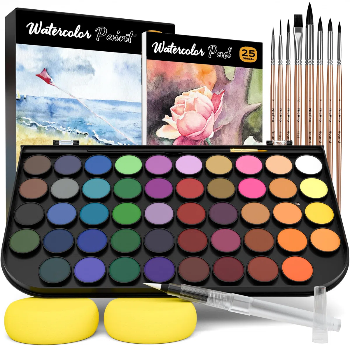 Nicpro Kit de Peinture Aquarelle, 48 Couleurs Aquarelles avec 8 Pinceaux, Palette, 25 Papiers Artistiques, 2 éponges, Fournitures de Peinture Non Toxiques pour Adultes, Débutants, Artistes