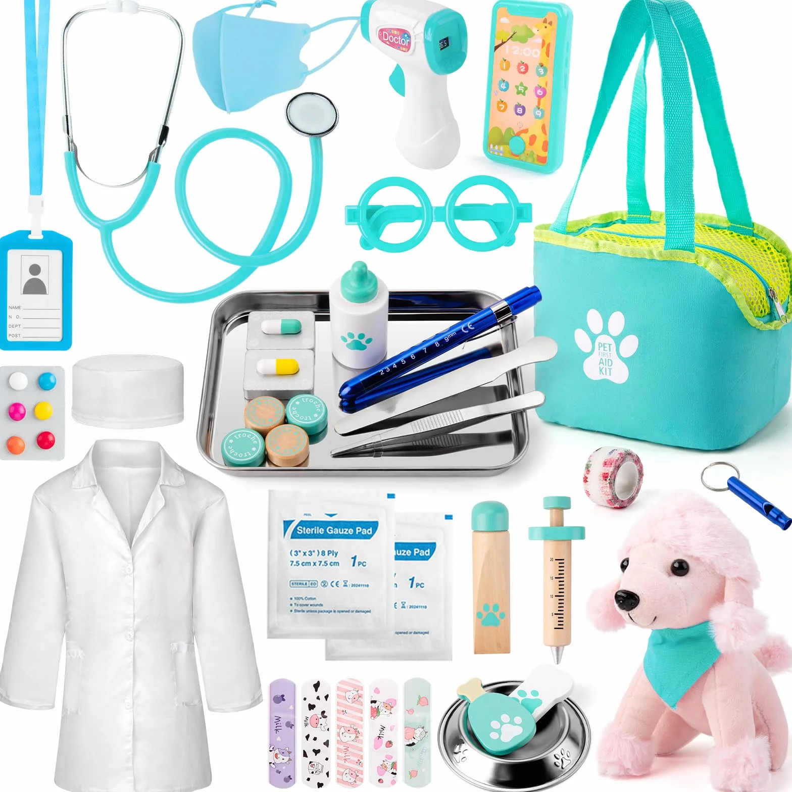 Sundaymot Malette Docteur Enfant, Veterinaire Enfant avec Peluche Chien, stéthoscope factice, thermomètre, Blouse de médecin et Sac de médecin Portable, Adapté Jouet Éducatif 3 Ans et Plus