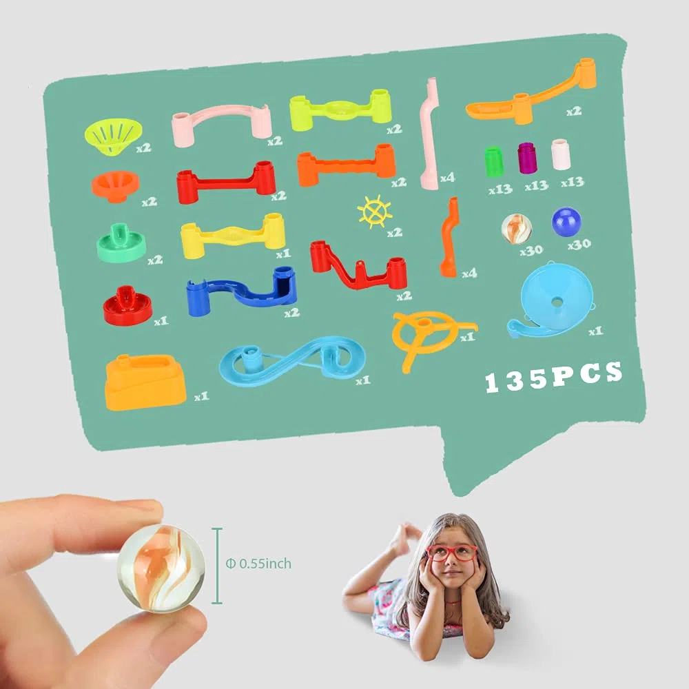 MaxTronic Jeu de Construction - 135Pcs Circuit de Billes Solide & Stable pour Enfant, Ludique Apprentissage Facile à Installer Jouets éducatifs Montessori Anniversaire Cadeaux Fille Garçon 3 Ans +