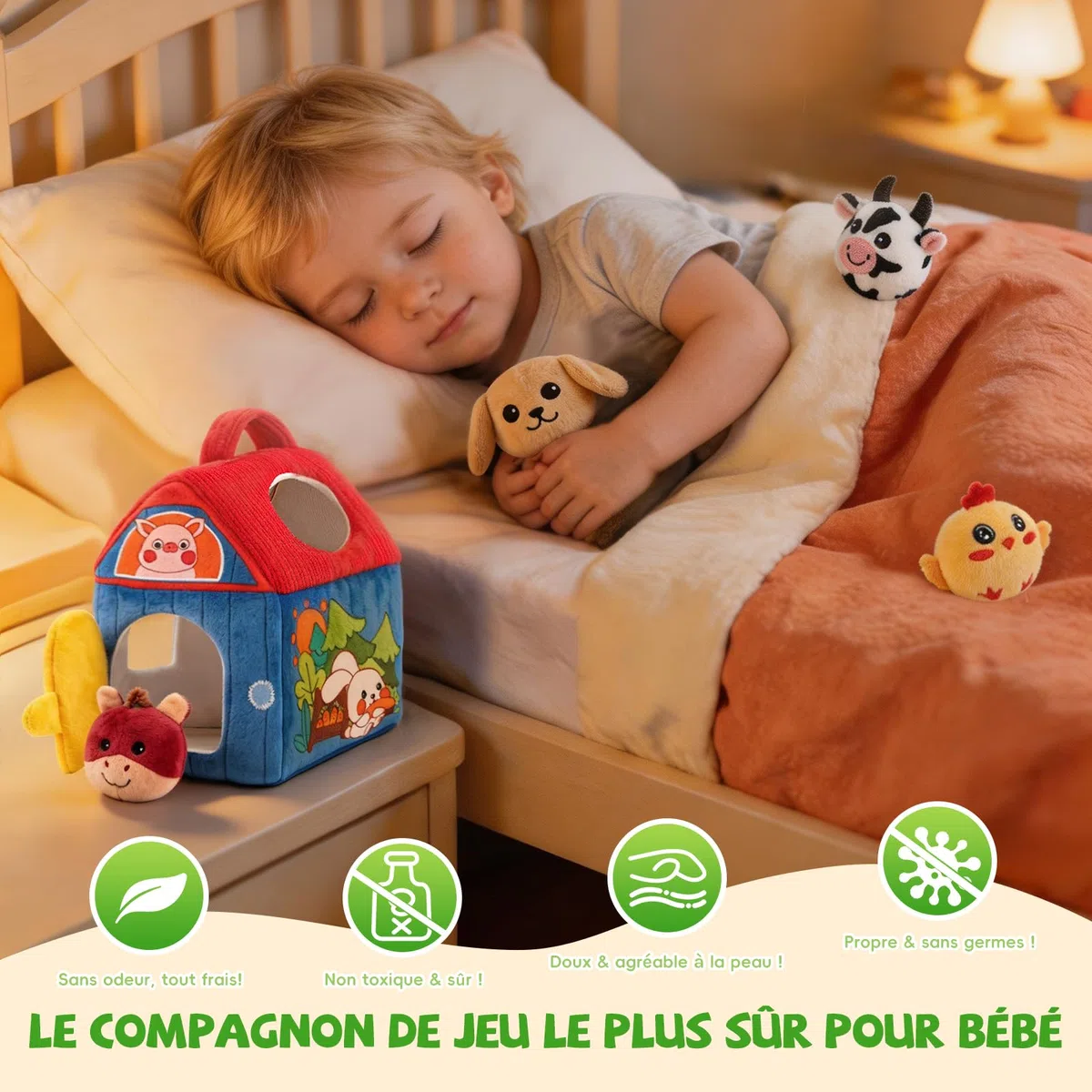 SAIMAND Jouet Bebe Animaux de la Ferme en Peluche, Jeux Sensoriel Montessori avec Grange, Hochets et Miroir, Jouet d’Éveil Bébé 0-3-6-9-12 Mois, Cadeau Bébé Enfant Garçon et Fille