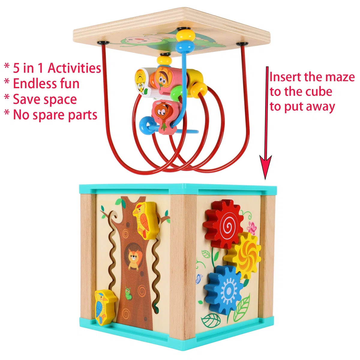 TOWO Labyrinthe de Perles Cube d'activité en Bois-5 activités montagnes russes boulier roues dentées engrenages horloge zig zag toboggan-jouets éducatifs précoces pour bébé 1 an Montessori