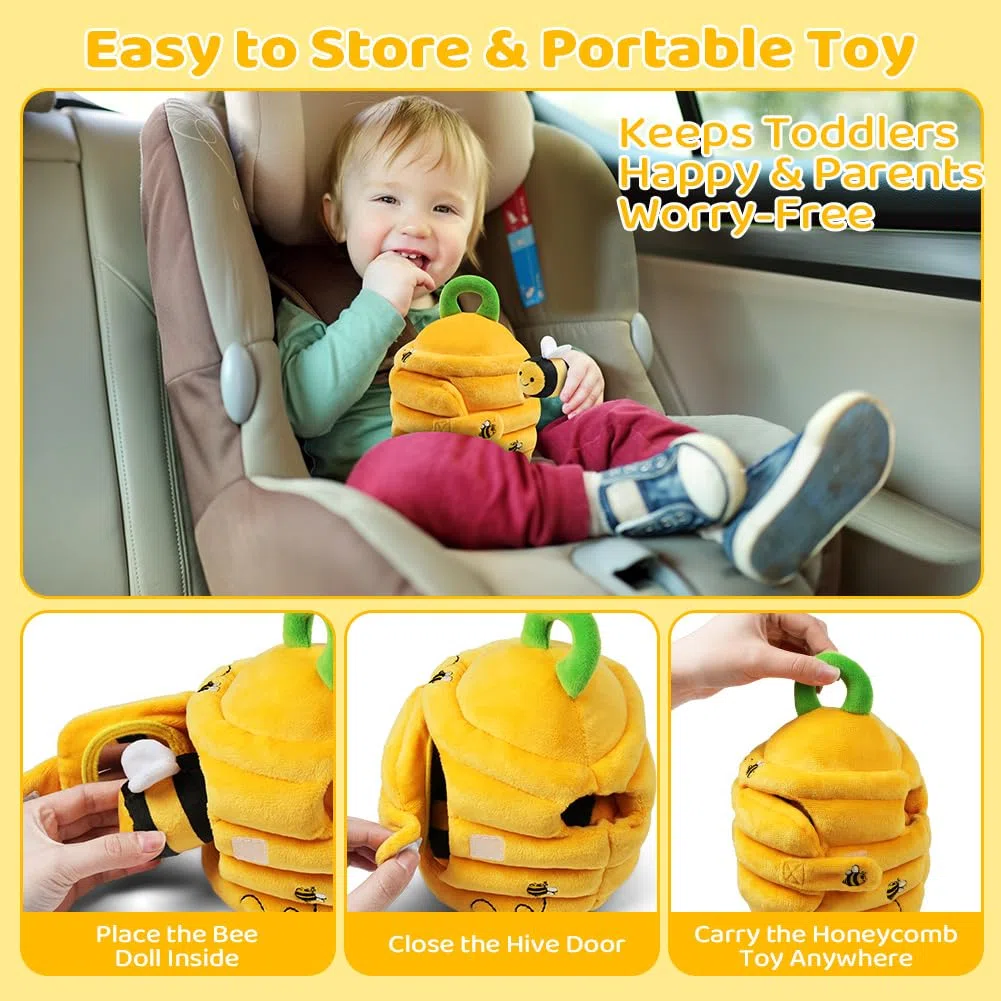 Vicloon Jouet en Peluche Bebe de 0 à 3 Ans, Ruche en Peluche avec 5 Abeilles, Jeux Montessori avec Hochets, Miroirs, Jouets Sensoriel Interactifs pour Enfant Garçon Fille