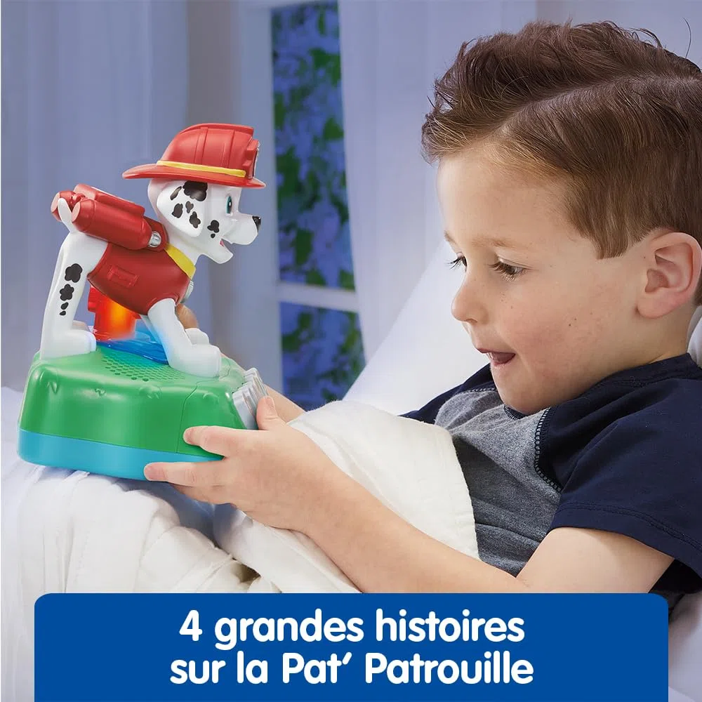 VTech - Pat' Patrouille, Lumi-Conteuse à Histoires de Marcus, Boîte à Histoires Veilleuse, Jouet Interactif et Musical Paw Patrol avec 4 Jeux, Cadeau Enfant de 3 Ans à 7 Ans - Contenu en Français
