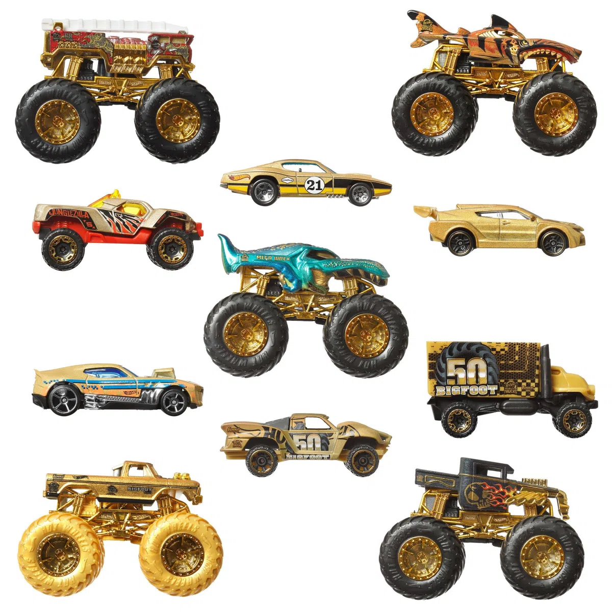 Hot Wheels Trophy Champions Coffret véhicules Monster Trucks avec Bigfoot, 5-Alarm, Bone Shaker, Mega-Wrex et Tiger Shark et 6 voitures en métal, JDW07