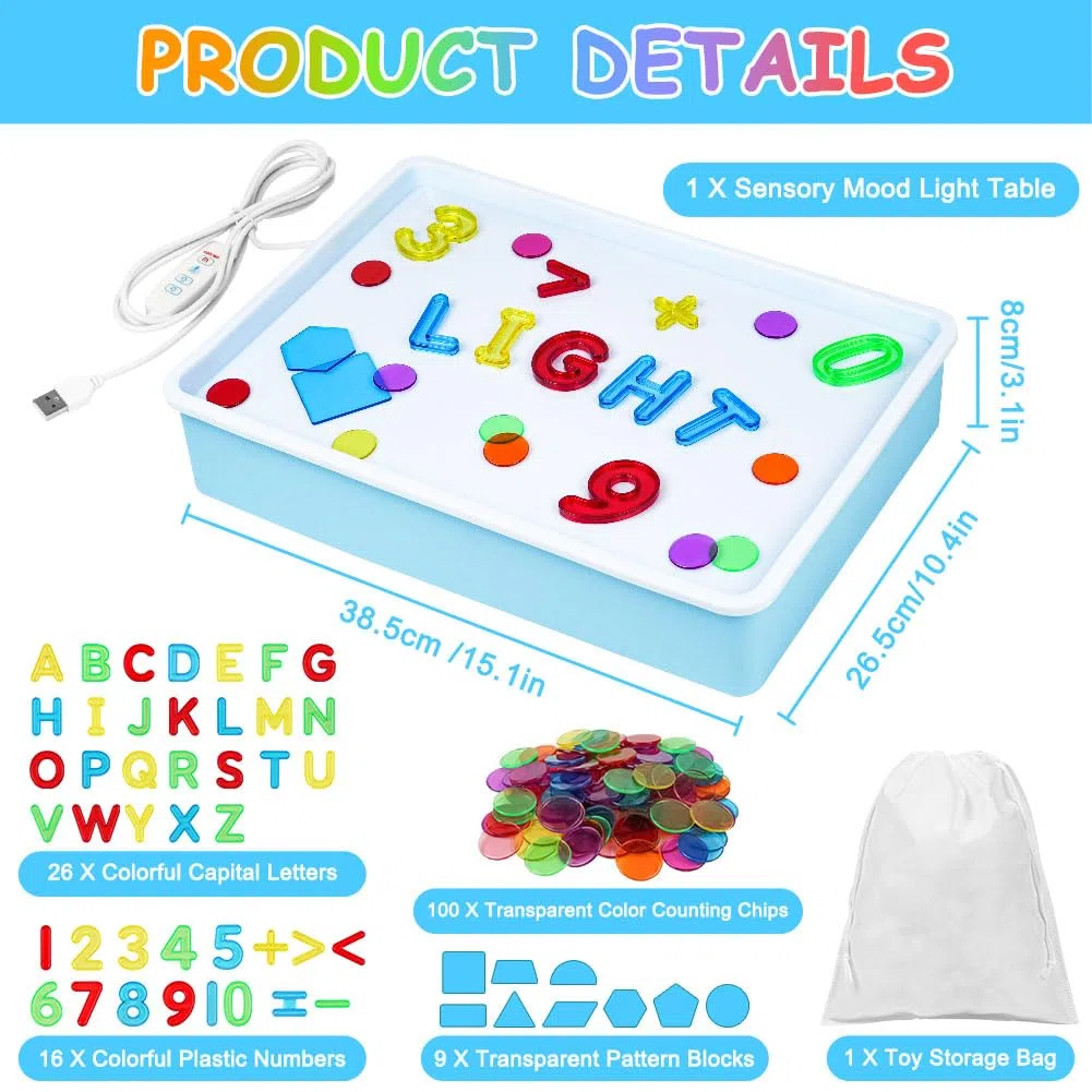 Vicloon Jouets Sensoriels pour l'Autisme, Table Lumineuse Sensorielle et Accessoires,Light Box Bleu avec 151 Lettres, Symboles Mathématiques et Géométrie, Jeux pour l'Autisme Enfants
