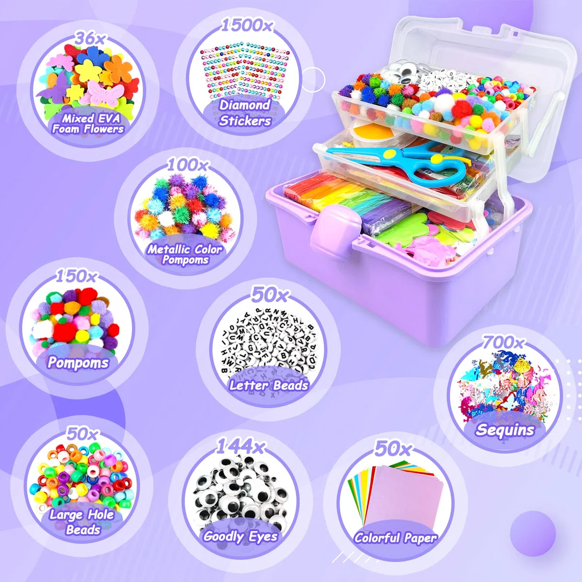 3000 Pcs Activité Manuelle Enfant Kit Bricolage Enfant Boîte Bricolage à 3 Niveaux avec Pipe Cleaners Kits de Loisir Creatif Enfant DIY Jouets Cadeaux pour Filles et Garçons 4-6 6-8 8-12 Ans, Violet