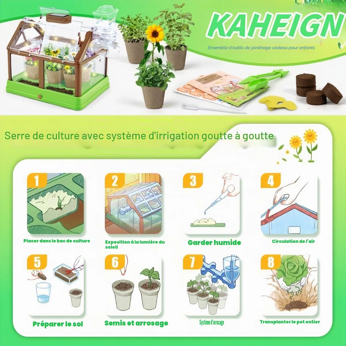 KAHEIGN Kit de Culture de Plantes pour Enfants, Mini-Serre pour Enfants Kit de Culture de Fleurs avec Système D'irrigation Amélioré - Cadeau de Jardinage Éducatif(GRAINES ET LUMIÈRE Non INCLUSES)
