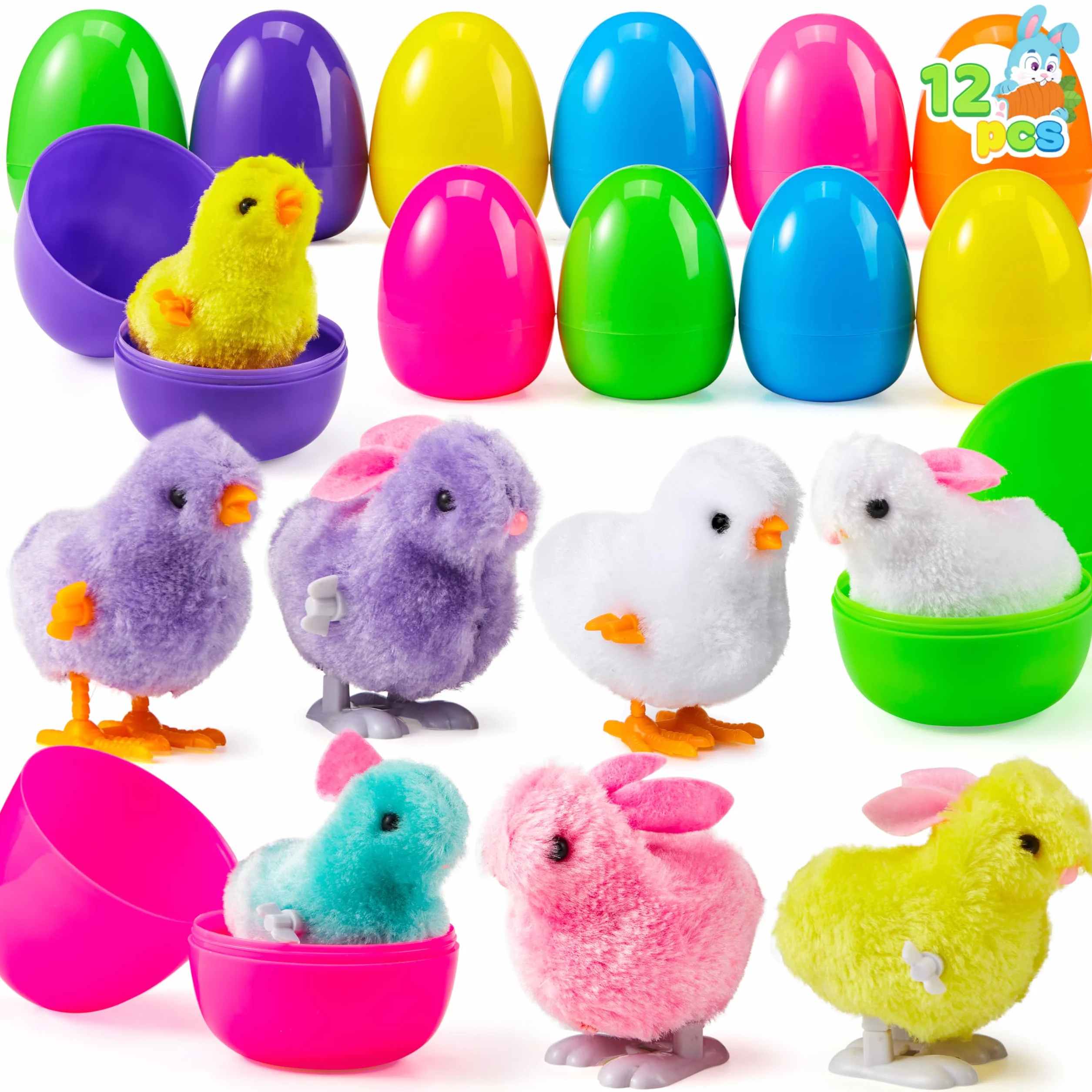 JOYIN 12Pcs Oeufs de Pâques Remplis Jouets de Lapins et Poussins à remonter pour Garçons et Filles Jouets Surprise Cadeaux fête de Chasse de Pâques