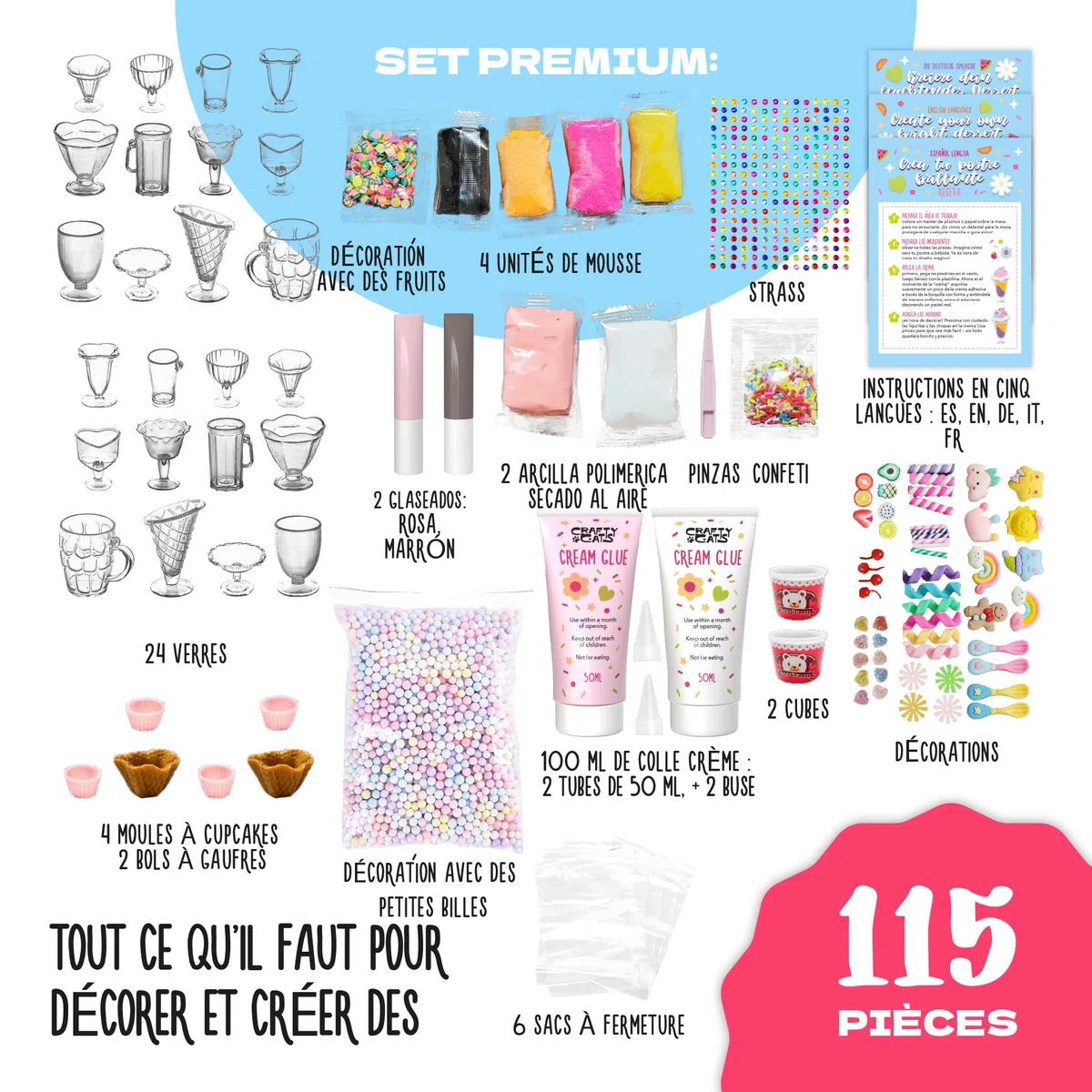 CRAFTY CATS Kit de loisirs créatifs Fête des Desserts – 115 pièces, argile à séchage à l’air, perles, colle crème avec embouts, set créatif DIY pour anniversaires et cadeaux, enfants 6+