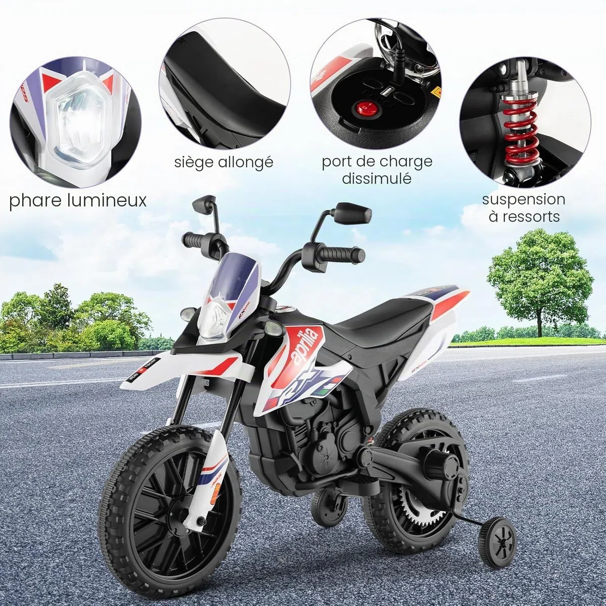 FANTASK Moto électrique pour Enfant de 3 à 8 Ans - 12 V - 5,5 à 6 km/h - avec Roues stabilisatrices, Musique et phares - Noir et Blanc