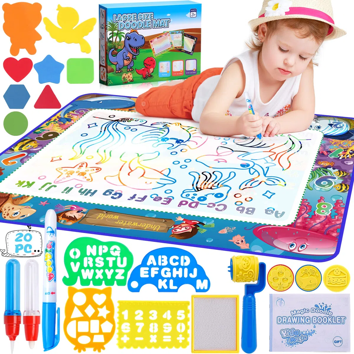 Wasser Doodle Matte,120 x 90 Aqua Magic Doodle Malmatte Kinder, Wiederverwendbare Drawing Matte, Aqua Drawing Painting Matte mit 3 Magic Stifte & Stempelset, Kinderspielzeug