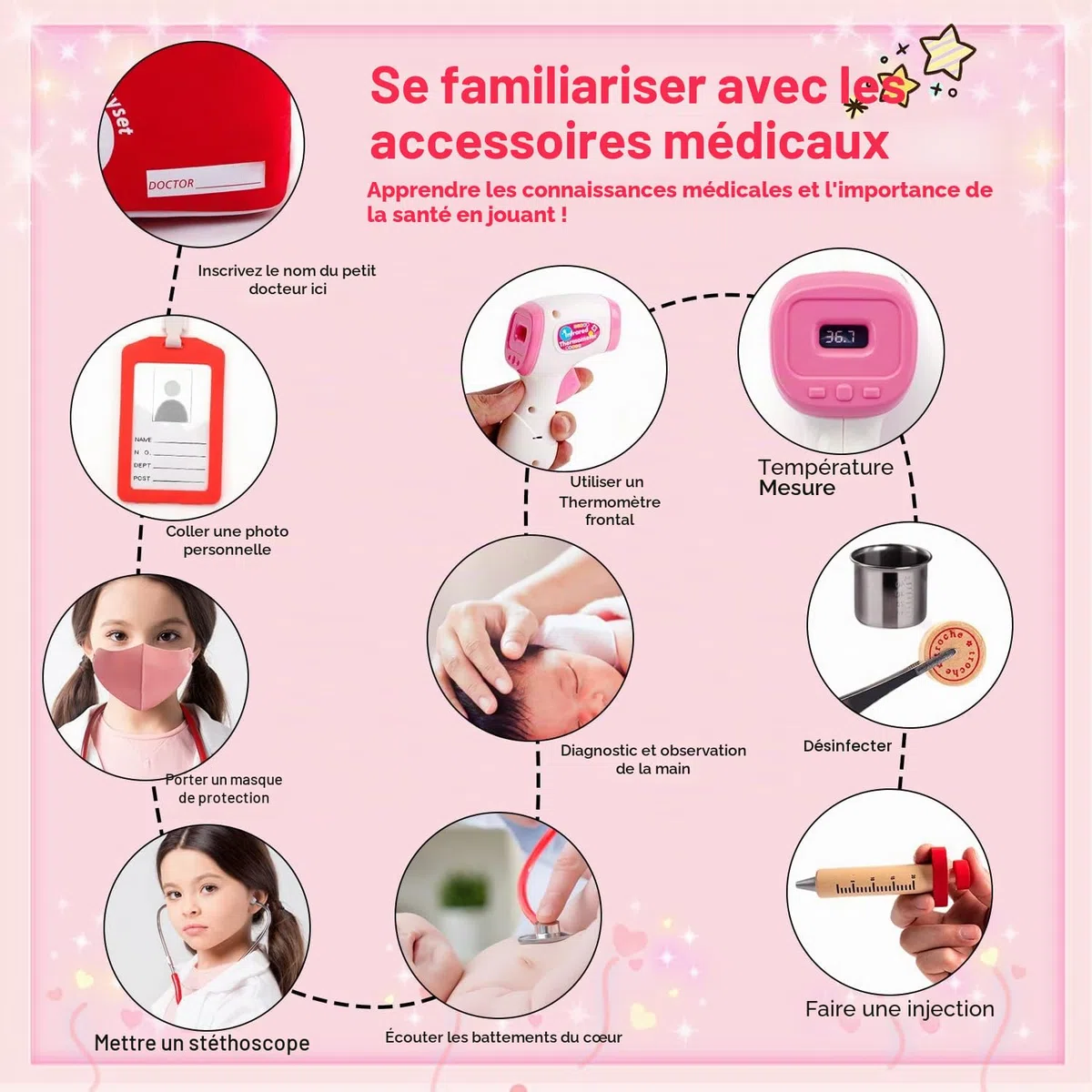 Sundaymot Malette Docteur Enfant Médecin Jouet Bois avec stéthoscope véritable, thermomètre, Mallette de Dentiste, Blouse de Docteur, Cadeau médical de Jeu de rôle Rouge pour Filles garçons 3 4 Ans