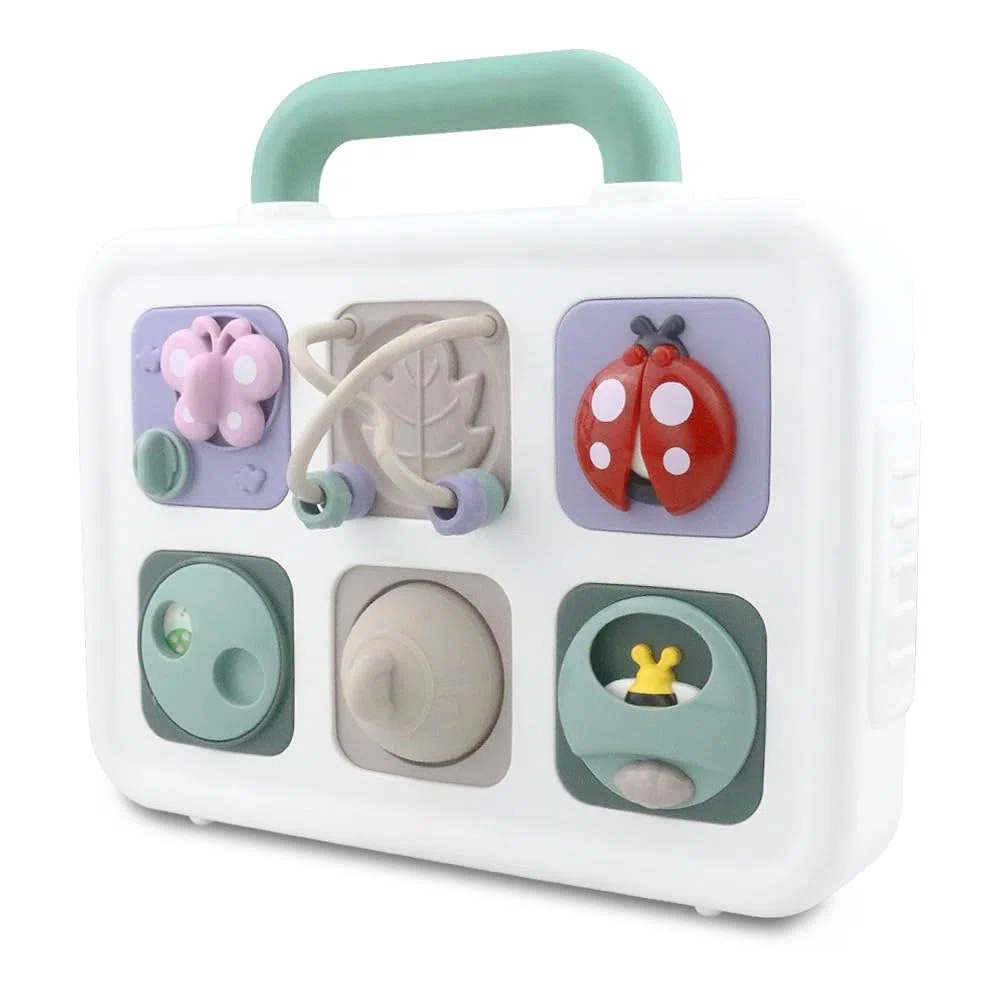 caterbee Tableau d'Activités Montessori pour Enfants, Panneau Sensoriel Éducatif avec Interrupteurs et Ventilateur, Blanc et Jaune (Forest)