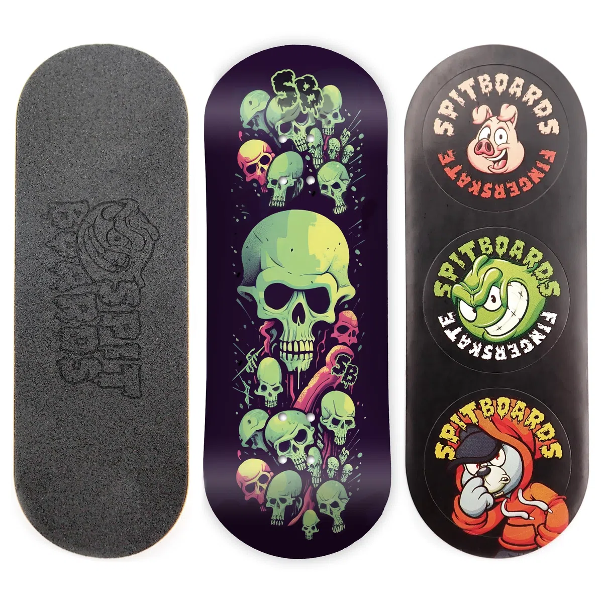 SPITBOARDS Touche 34 mm – Bois véritable (5 couches) Forme classique Popsicle Street – Taille : 34 x 96 mm – Planche graphique unique (usure réelle) – Concave optimisée – Crâne vert citron
