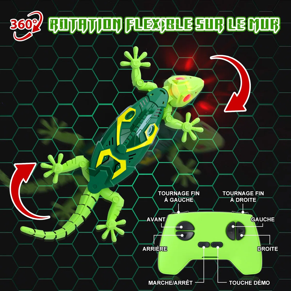 Charmofun Gecko Radiocommandé, lezard Télécommandé avec Yeux LED Lumineux, lezard Qui Grimpe Au Mur, Mouvements réalistes, Direction réglable, Jouet Cadeau interactif pour Enfants 3+ Ans (Vert)