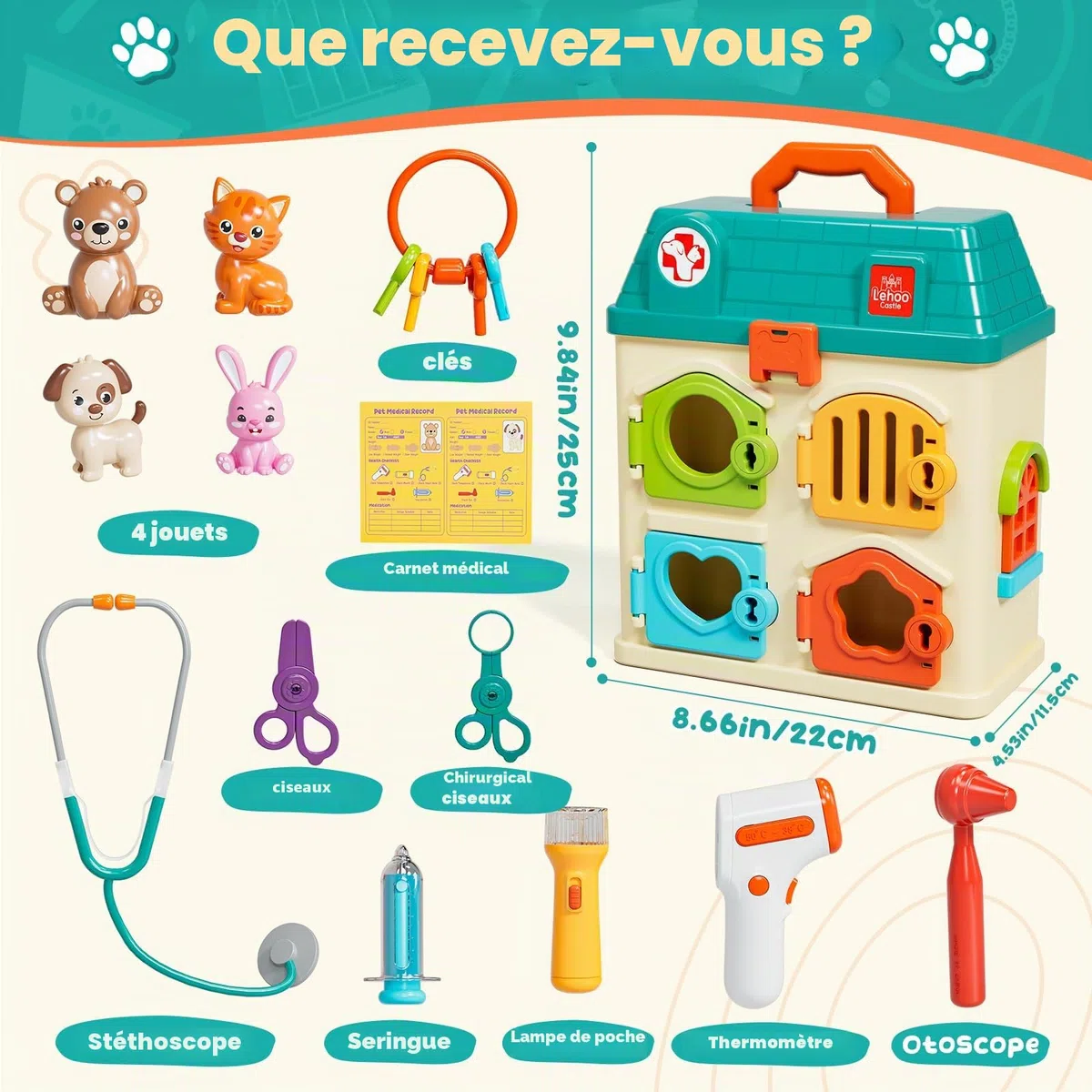 Lehoo Castle Malette Docteur Enfants, Veterinaire Enfant, Docteur avec Lumière et Son, Jouet Fille 3 Ans, Cadeau Enfant 3 Ans
