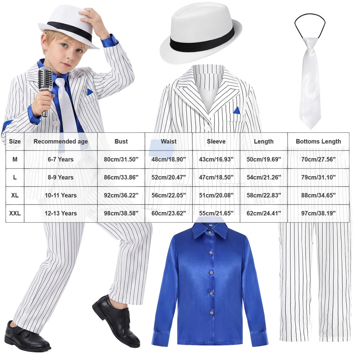 Générique Deguisement Roi de la Pop Garcon - Manteau Rayé Blanc Pantalon Cravate Années 80-90 avec Chapeau, Tenue Moonwalk pour Halloween Fete Spectacle Enfant 6-13 Ans