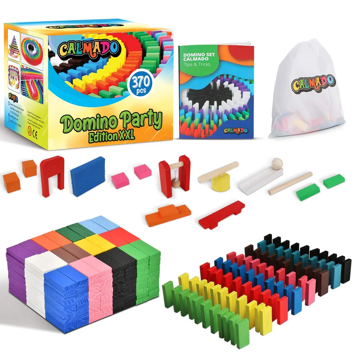 Calmado - Dominos en Bois 370 Pièces – Set Domino Rally pour Enfants et Famille – Dominos Colorés pour Construire et Jouer – Édition Party XXL avec Sac, Instructions et Accessoires