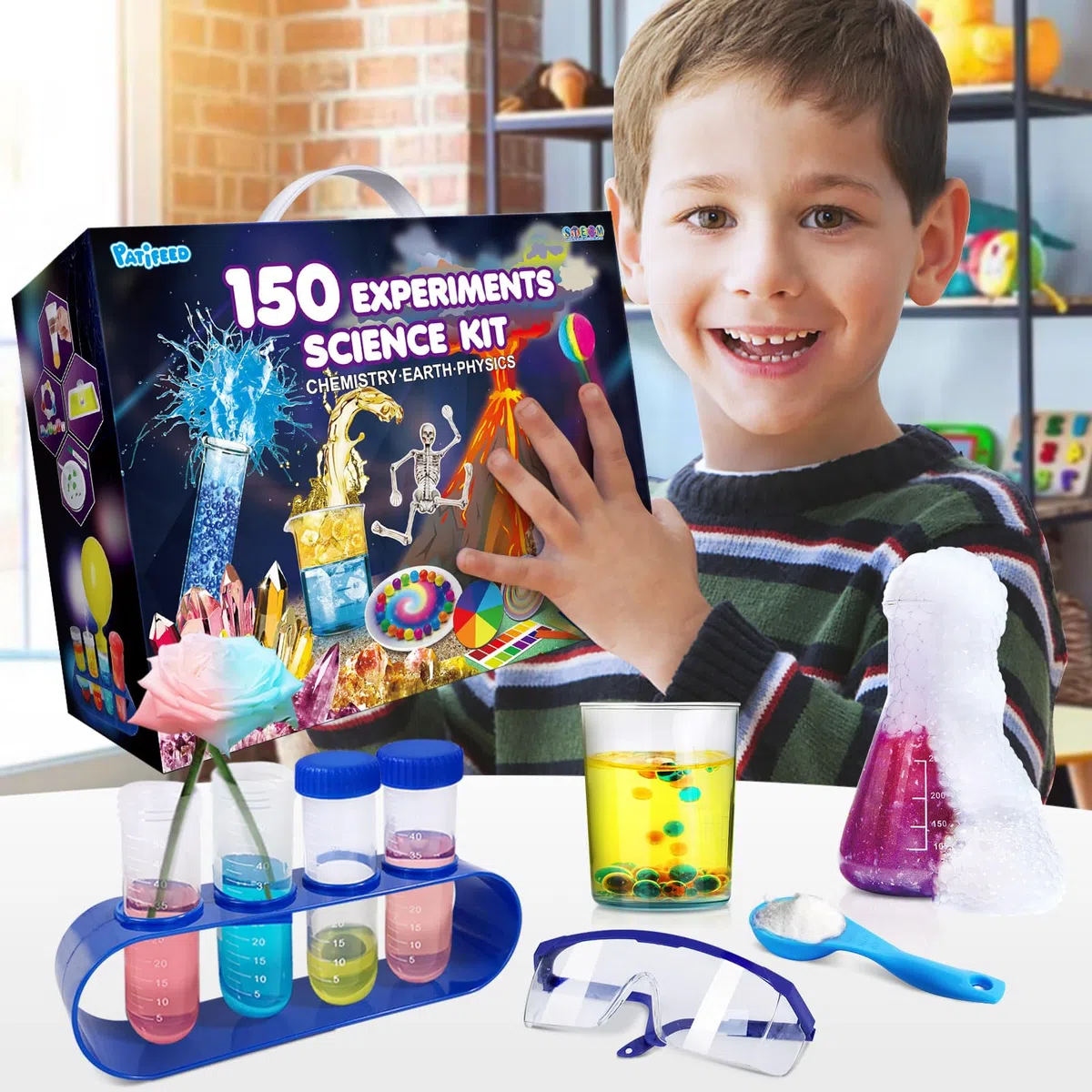 PATIFEED 150 Expériences Scientifique Chimie Enfants, Activités Laboratoire, Kits Éducatifs et Jeux Science, Éruptions Volcanique, Idées de Cadeaux d'anniversaire pour Garçons et Filles
