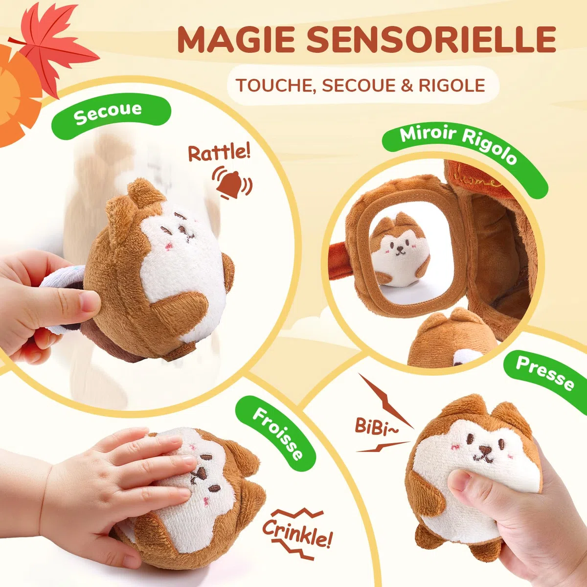 JoyCat Jouet Bebe 6-12 Mois, Cabane en Peluche avec 5 Écureuils, Hochet, Miroir, Jouet Sensoriel Montessori Bébé 6 Mois, Cadeau Bebe Enfant Garçon et Fille 1 an