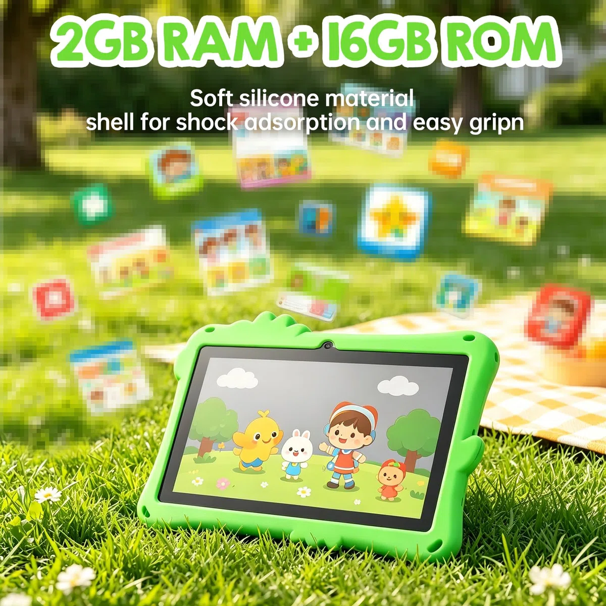 Tablette Dinosaure pour Enfants pour L'apprentissage, Tablette d'apprentissage pour Enfants avec 8 Pouces HD, 2 Go 16 Go, Double Caméra, étui Antichoc, Stylet pour Les Tout (Green)