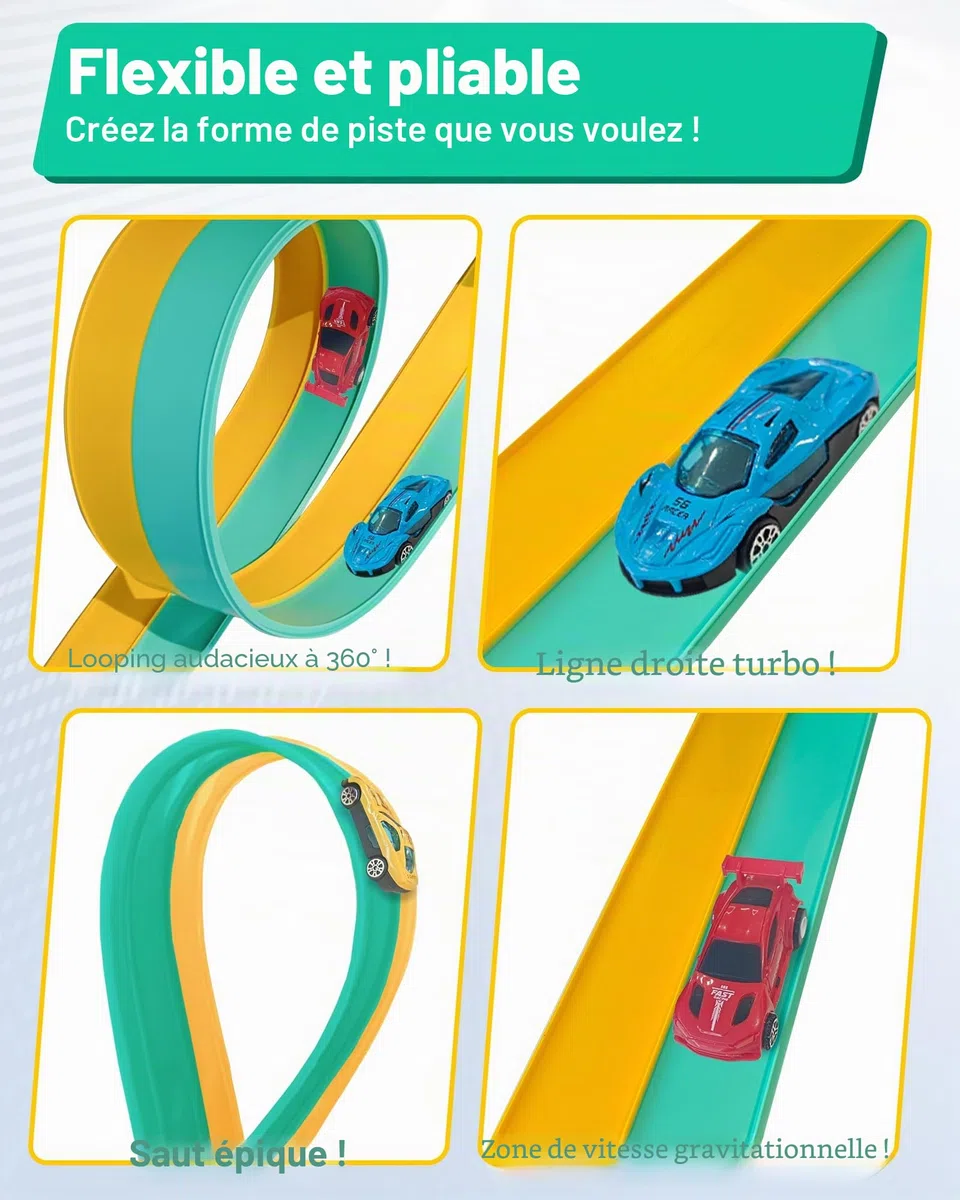 snookids Circuit de course flexible pour enfants de 3, 4, 5, 6 ans, 4,6 m, avec 4 voitures jouet, cadeau pour garçons et filles