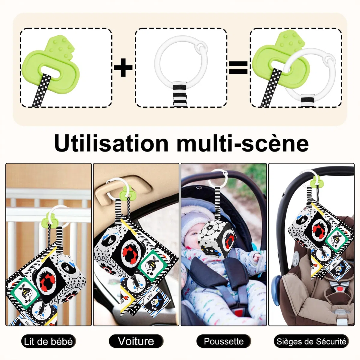HappyKidsClub Jouet Livre Tissu Montessori Bébé Eveil 0-12 Mois Carte Noir et Blanc Bébé Cadeau Naissance Fille Garcon Jouet Sensoriel Hochet Bebe