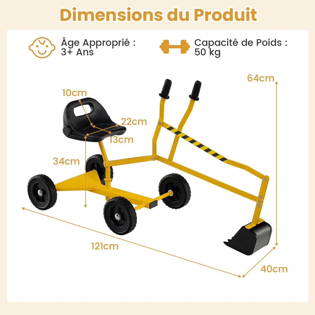 COSTWAY Pelleteuse Enfant avec Siège Pivotant à 360°& Pelle, Tractopelle pour Bac à Sable avec Cadre Métal & 4 Roues, Jouet Pelleteuse Excavatrice Manuelle pour Sable Terre Neige, 3 Ans+