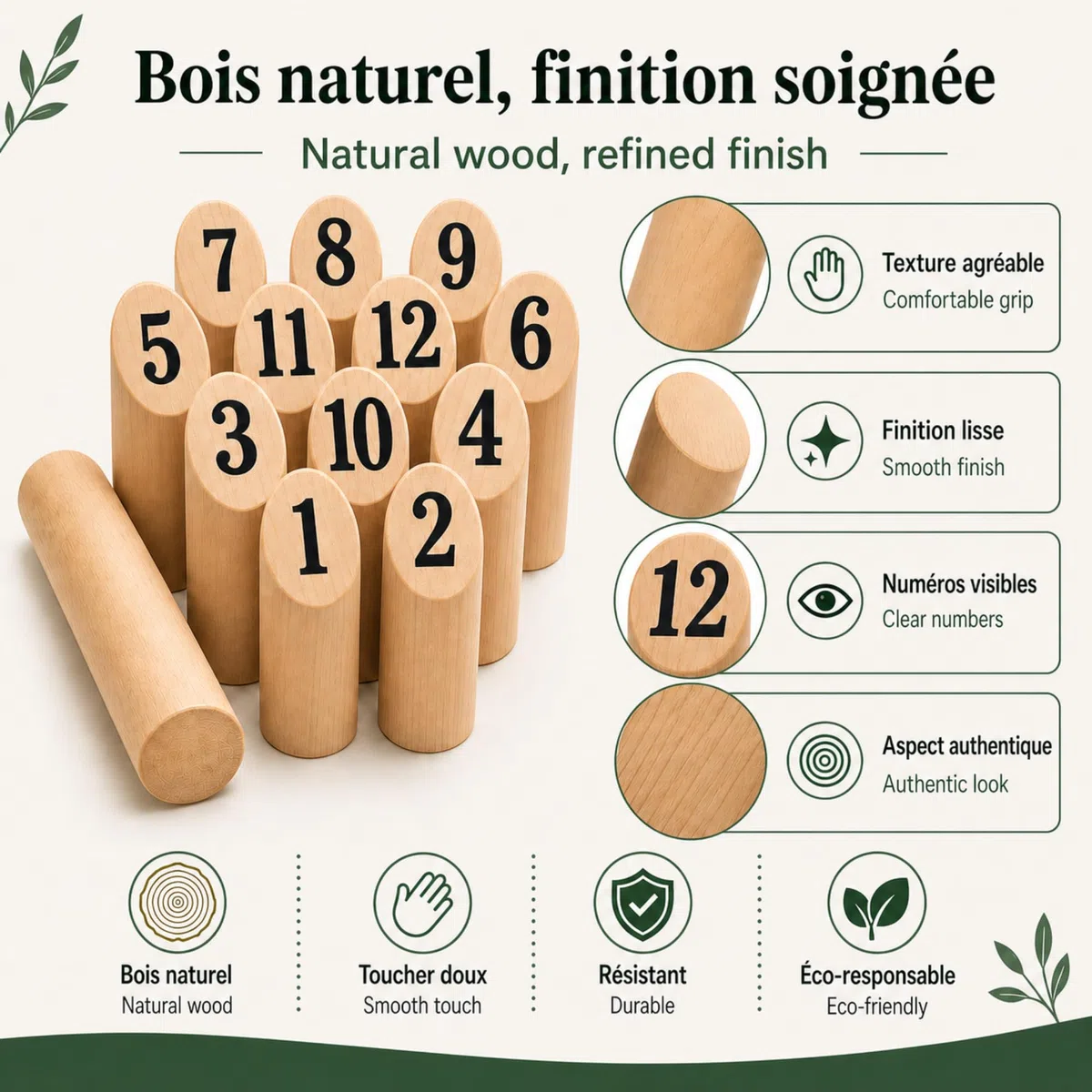 GRENADINE BOUTIQUE Jeu de Quilles Nordiques en Bois – Jeu Exterieur – Famille Adresse Strategie Jardin Plage Camping – Jeu en Bois Naturel – Kubb Bois – Enfants Adultes - Lot 12 Quilles
