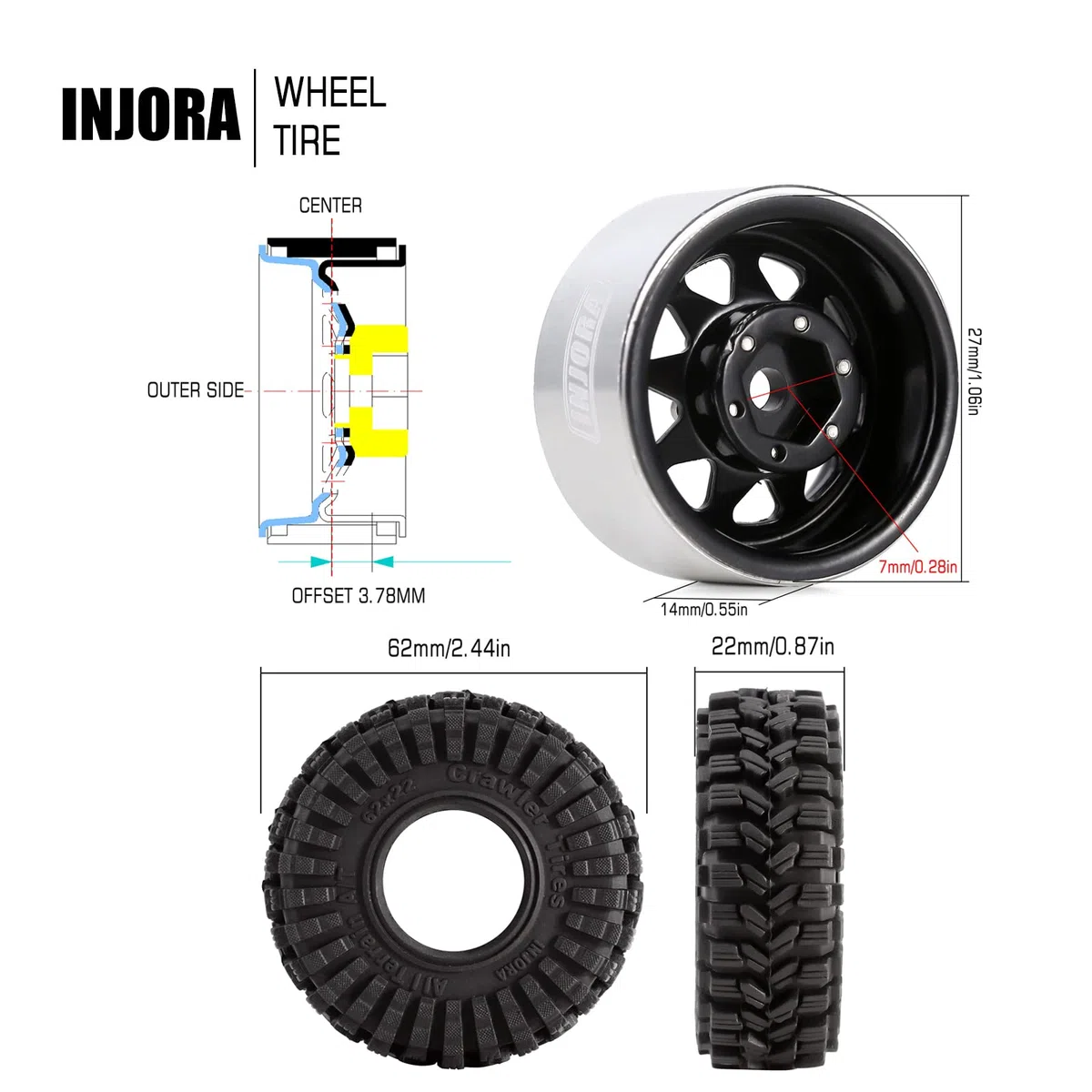 INJORA 1.0 Beadlock Rotation Jante Pneus -3.78mm Offset Jante de Roue pour Axial SCX24 FMS FCX24 FCX18 TRX4M AX24 1/18 1/24 RC Crawler Automobile, Noir